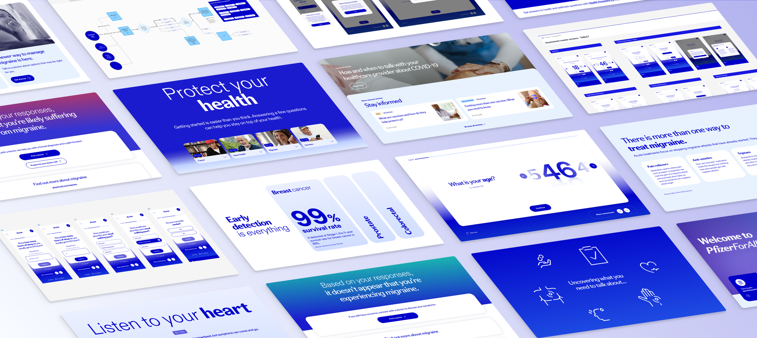 A collection of various medical and health-related website and app design screens, including information about protecting health, COVID-19 discussions, and migraine management, presented in shades of blue and white.