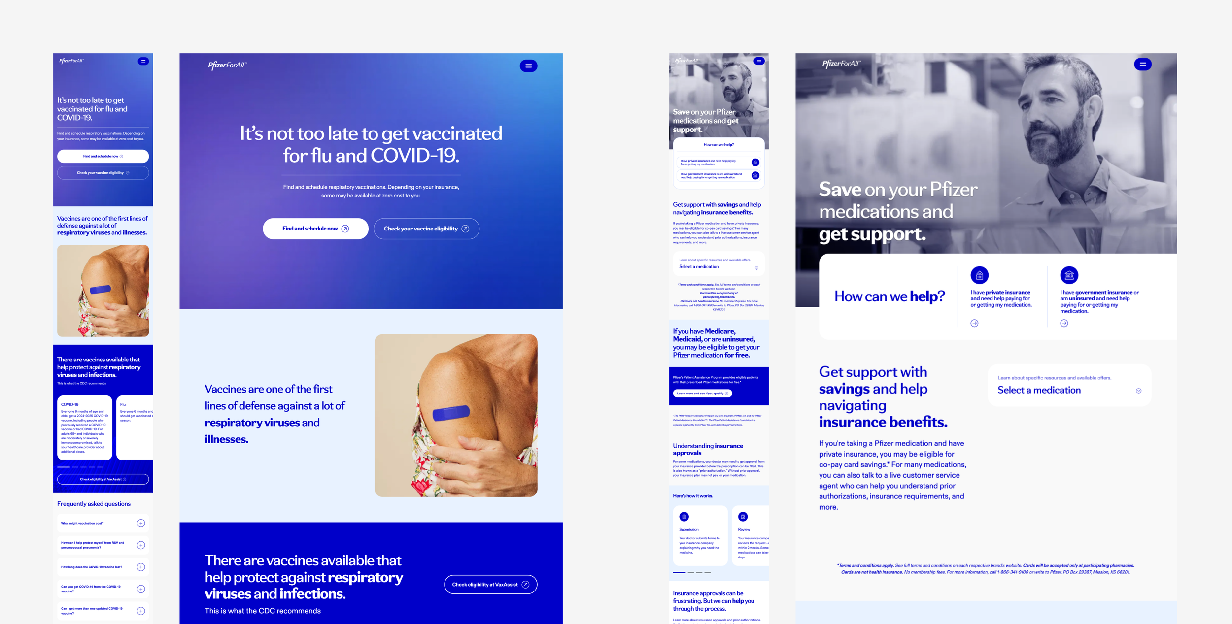 Screenshots of a website about Pfizer vaccination and insurance support, with blue and white themes, text about COVID-19 vaccines, and images of a person receiving a vaccination.