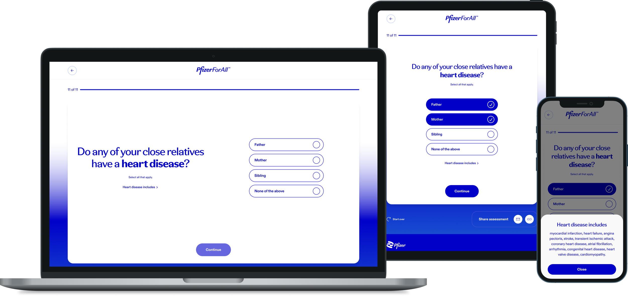 Multiple screens displaying a health assessment form from PfizerForAll app asking if close relatives have heart disease, with options for father, mother, sibling, or none.