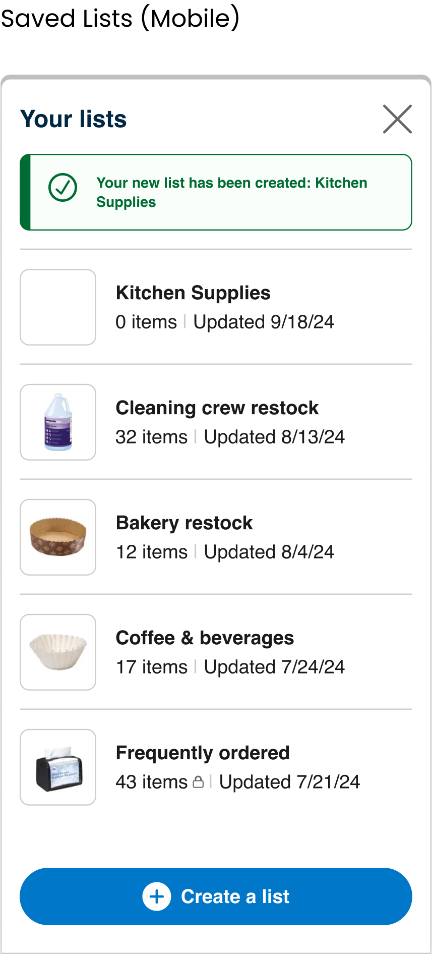Screenshot of a grocery list app showing a new list named 'Kitchen Supplies' and several category items such as Cleaning crew restock, Bakery restock, Coffee & beverages, and Frequently ordered, with their respective item counts and last updated dates.