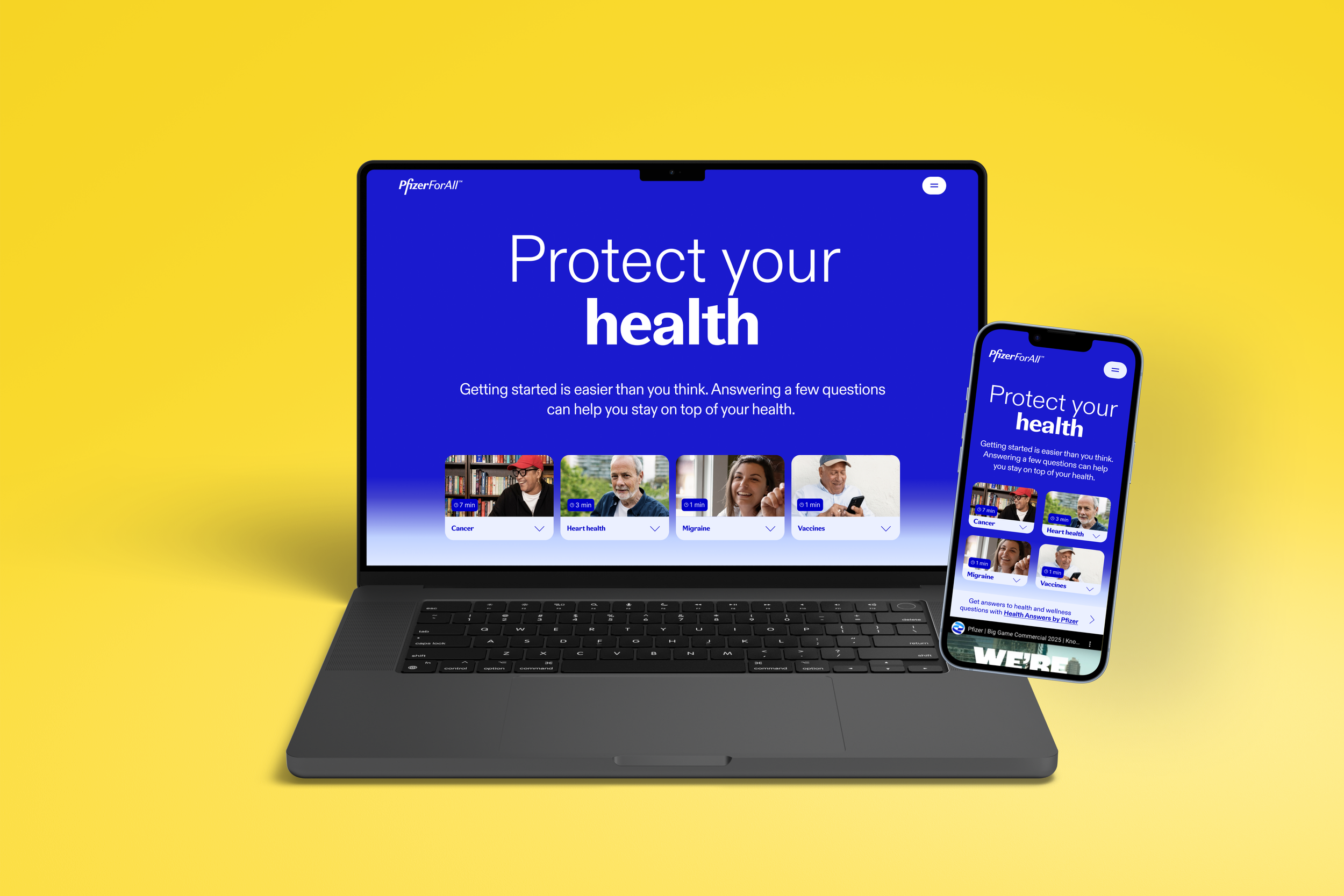Laptop and smartphone showing a health-themed website with the title 'Protect your health' against a yellow background.