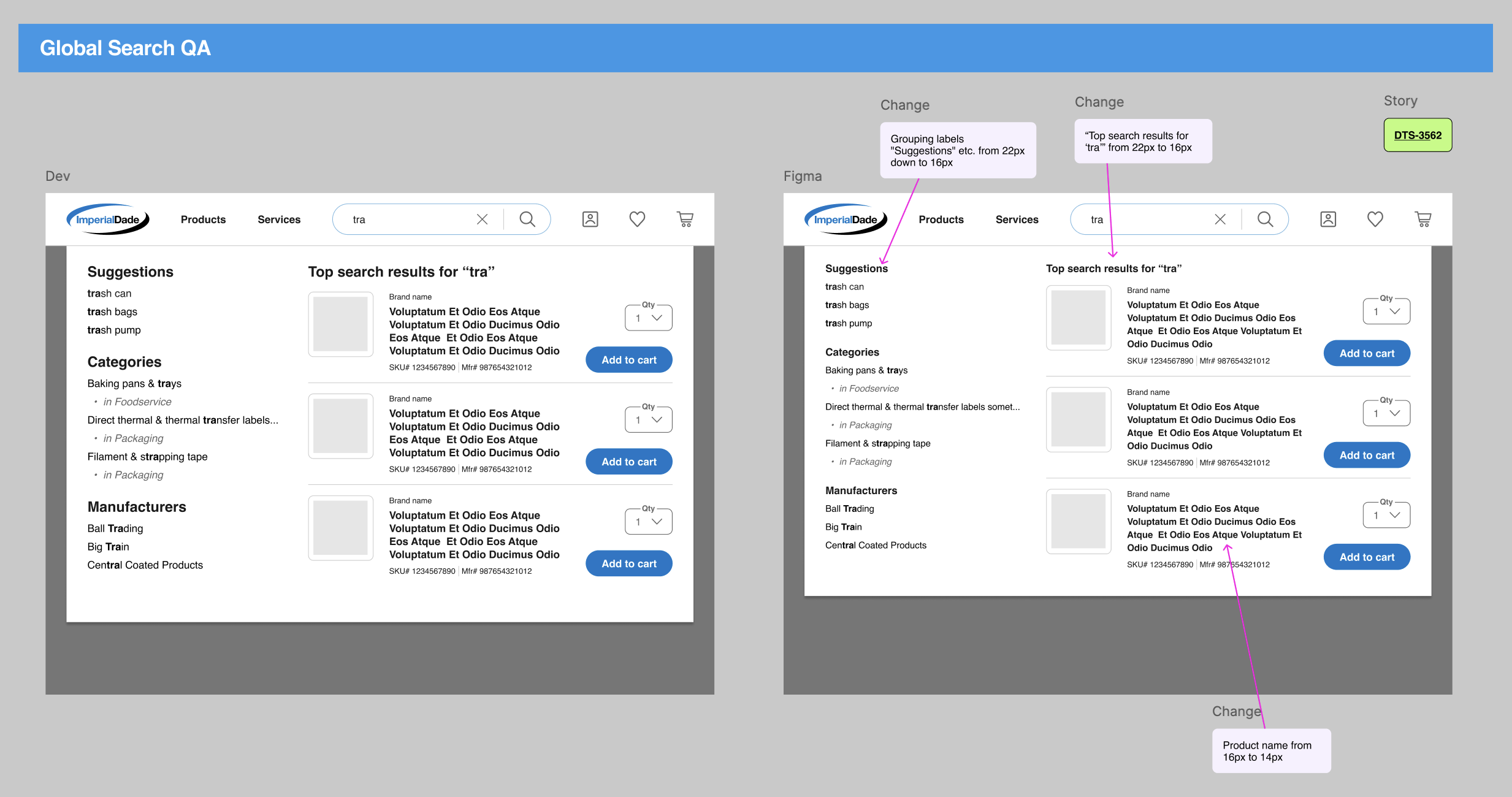 Comparison of two user interface designs for a product search webpage, showing changes in search suggestions, top search results, and layout adjustments.