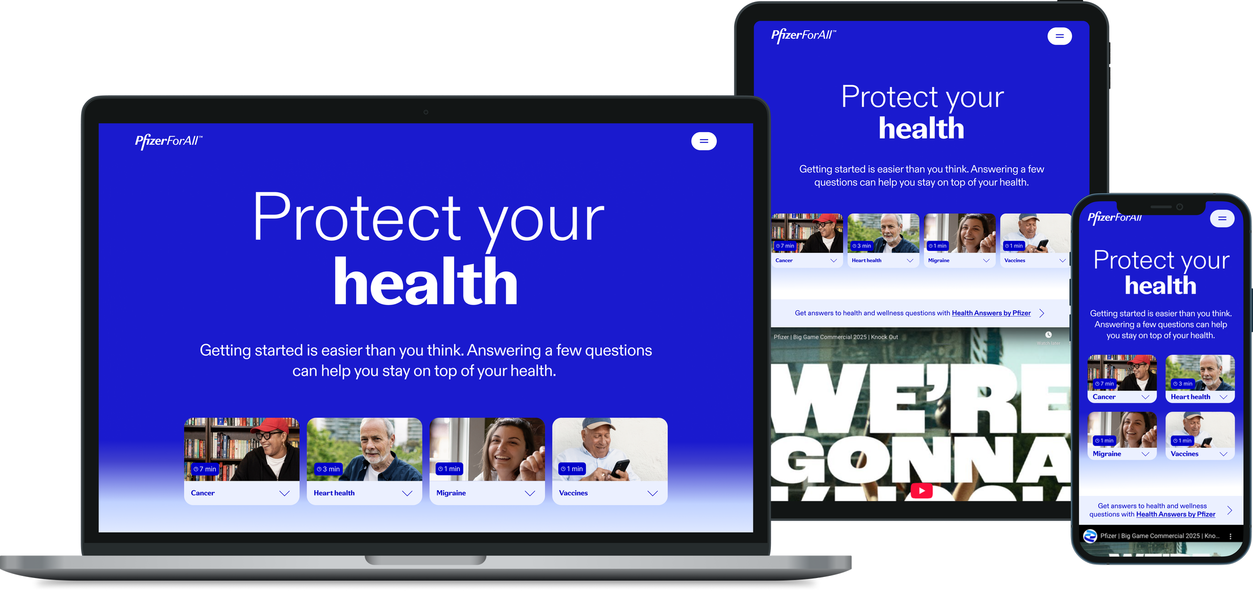 Screenshot of Pfizer For All website displayed on a laptop, tablet, and smartphone, featuring a blue background with the text 'Protect your health' and a section with images representing health topics like cancer, heart health, migraine, and vaccines.
