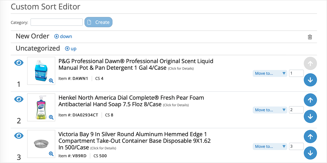 Screenshot of a custom sort editor interface listing three items: a gallon of P&G Professional Dawn dish soap, a bottle of Henkel North America Dial antibacterial hand soap, and a silver round aluminum container.