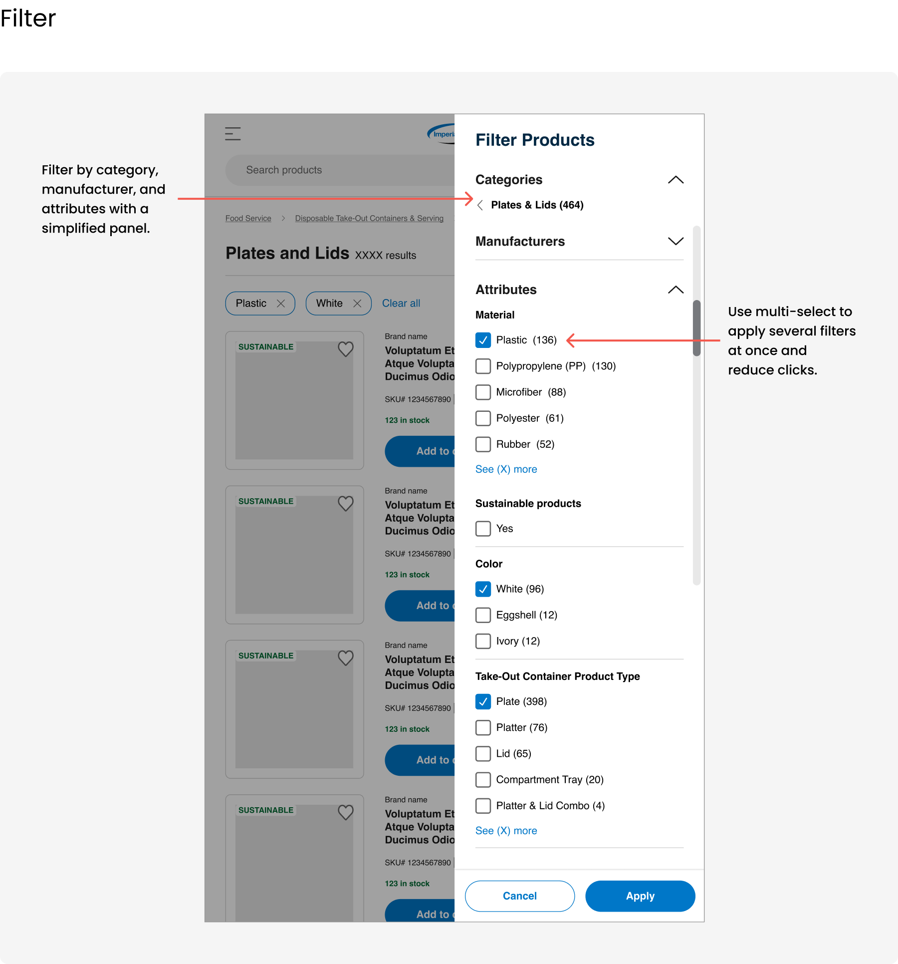 Screenshot of a product filtering interface with panels for categories, manufacturers, and attributes, showing options like 'Plates & Lids' and 'Plastic'.