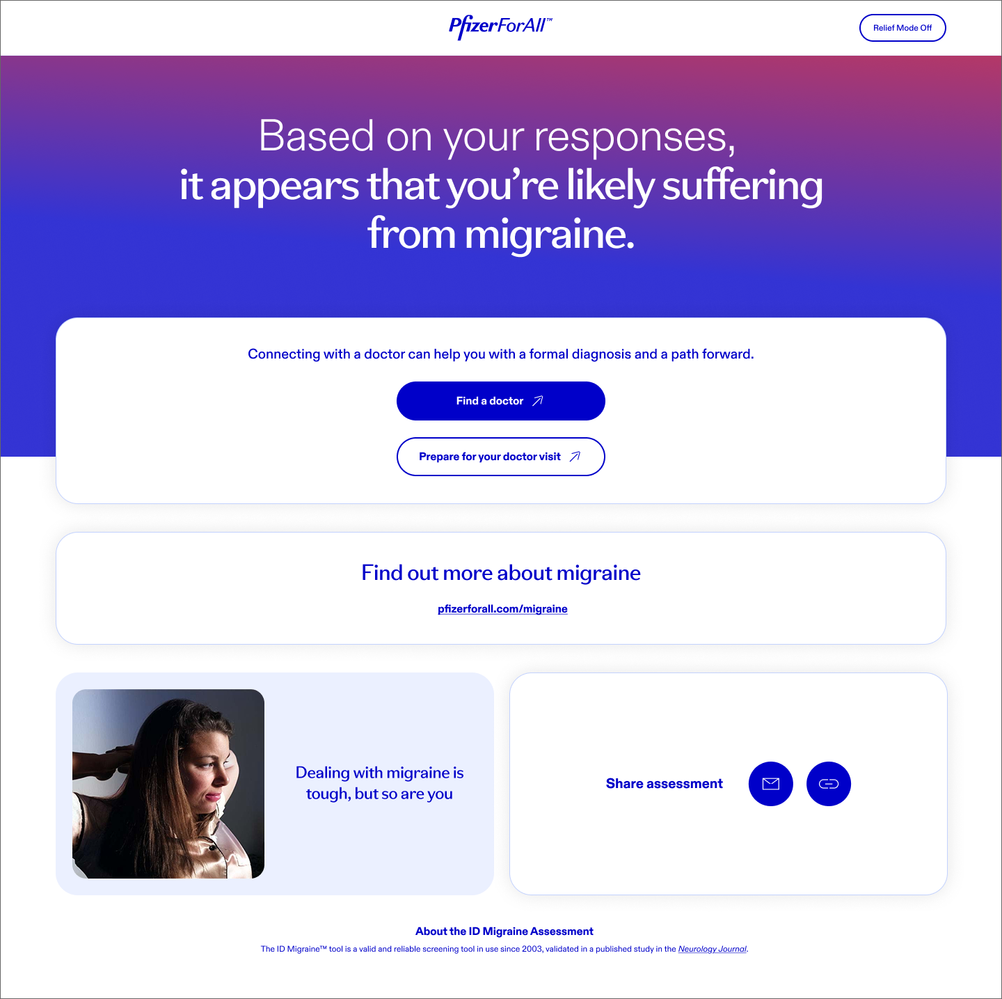 Pfizer for All website page reporting that based on responses, the user is likely suffering from migraine. The page includes options to find a doctor, prepare for a doctor visit, and learn more about migraines.