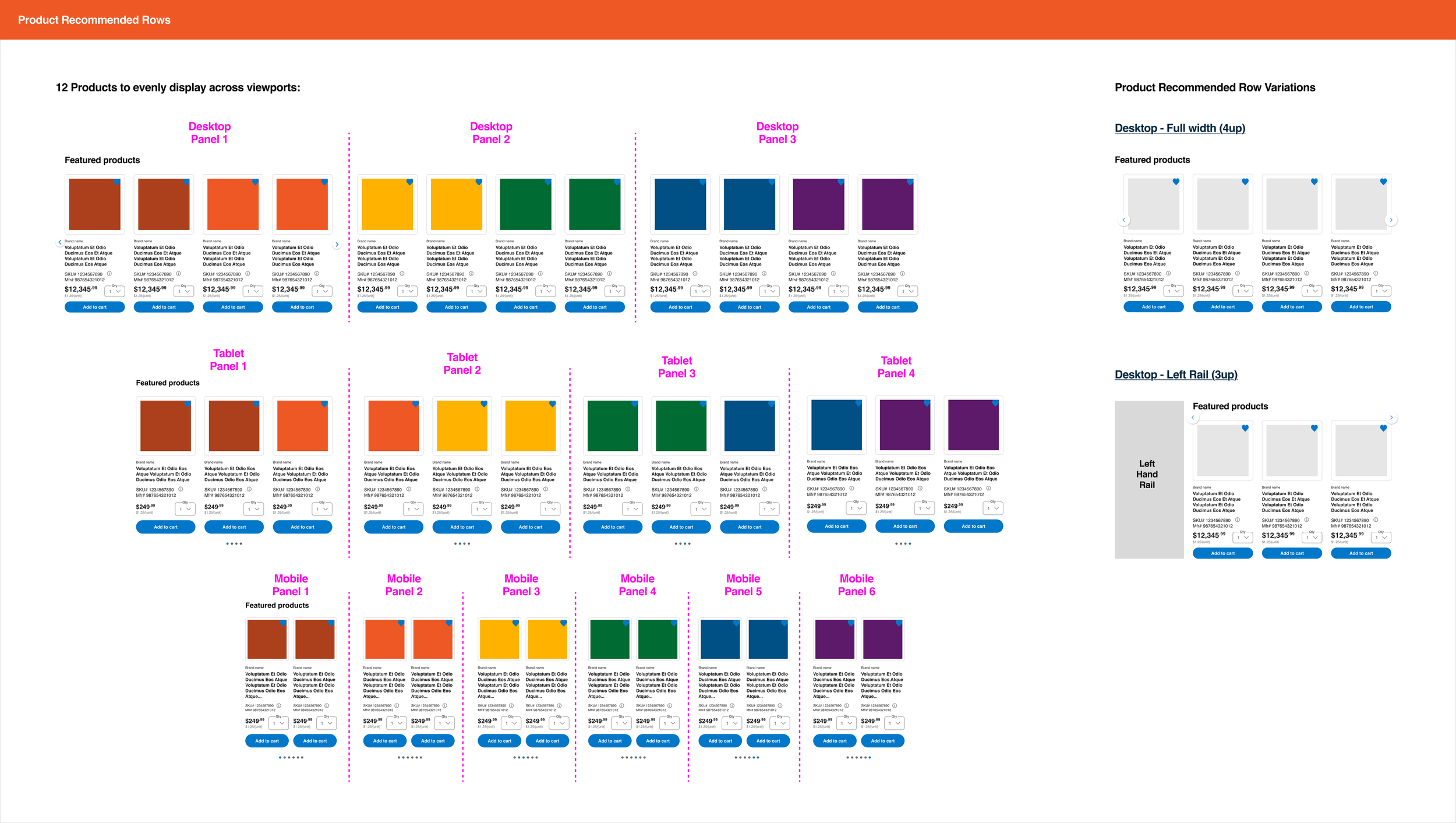 Screenshot of an online product display page showing a grid of various featured products, each with images, price, SKU, and add-to-cart buttons, organized into different display panels for desktop, tablet, and mobile views with labels indicating different sections.