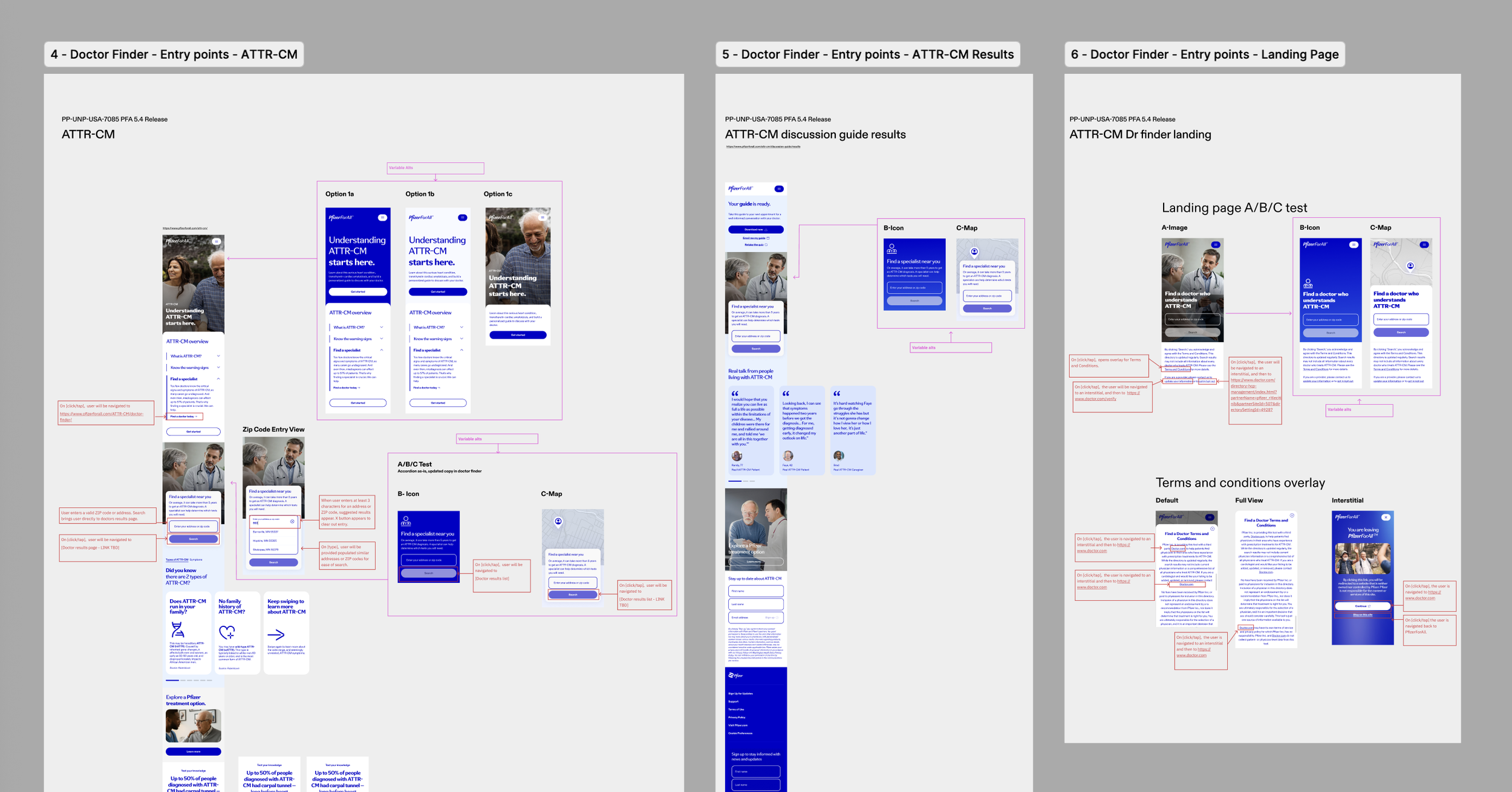 Screenshot of a digital documentation or design project with multiple sections showing mobile app interfaces, flow diagrams, and analysis related to a doctor finder application, with annotations and red guidance notes.