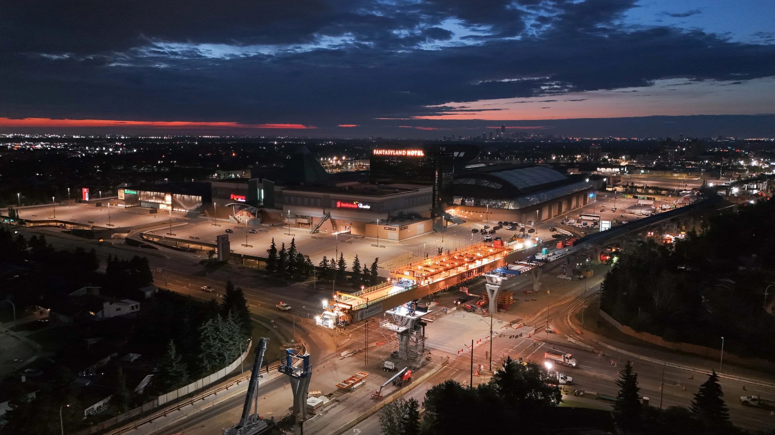 Drone photo of the gantry crane at the West Edmonton Mall West Valley Line LRT stop