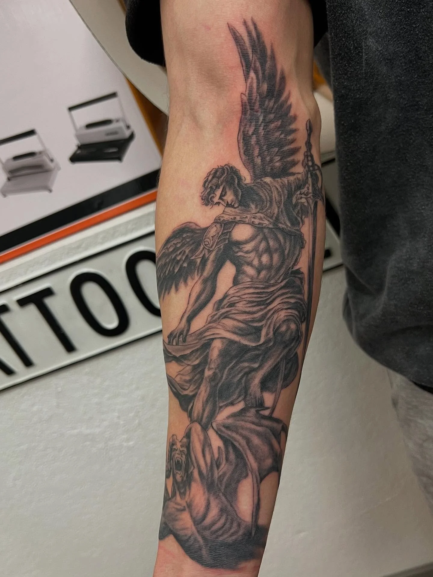 Fresh and healed. 
Tattooed by @jjtattoos 
@nomansland.29 
&bull;
&bull;
&bull;
&bull;
&bull;
#angel #devil #saint #sinner #tattoo  #art #local #tattooart #tattooing #tattoolife #fyp #blackandgreytattoo #nomansland #nomanslandtattoo #adobetattoo #twe