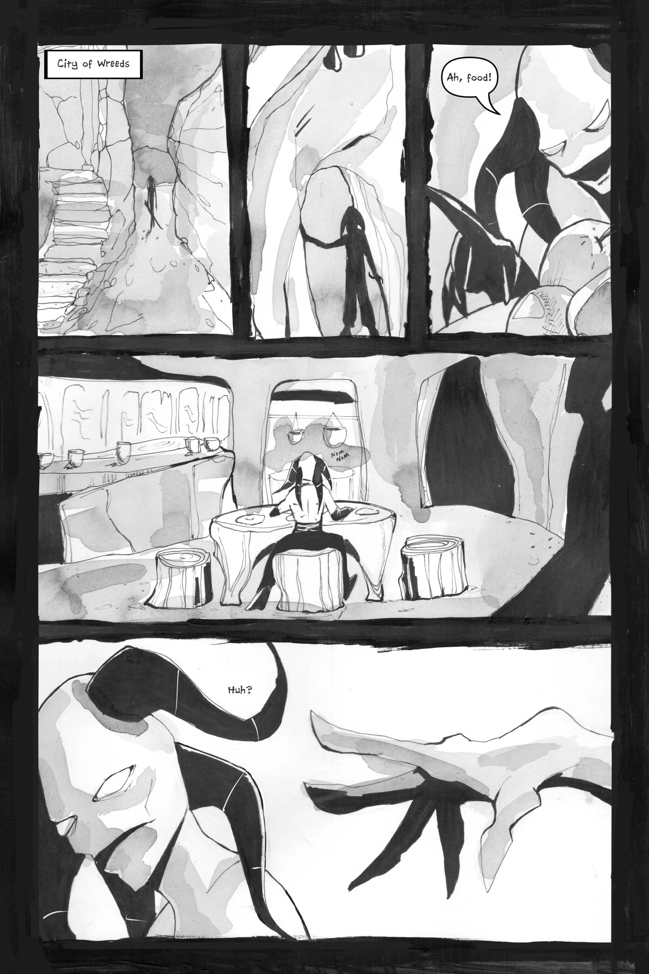 Black and white comic page with a horned character walking through a rocky landscape and entering a cave labeled “City of Wreeds.” The character finds food inside the cave and sits at a table. A close-up shows their hand reaching out, followed by a s
