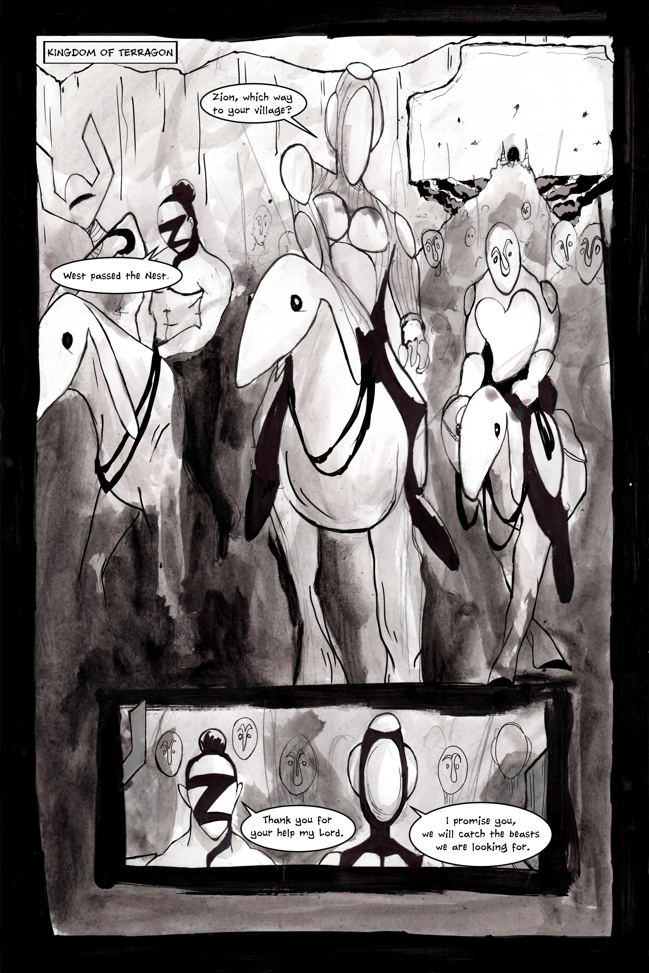 Comic panel depicting a scene from the "Kingdom of Terragon" with characters in sleek outfits riding horses and engaging in dialogue about directions and a quest. The artistic style is monochrome with abstract facial features.
