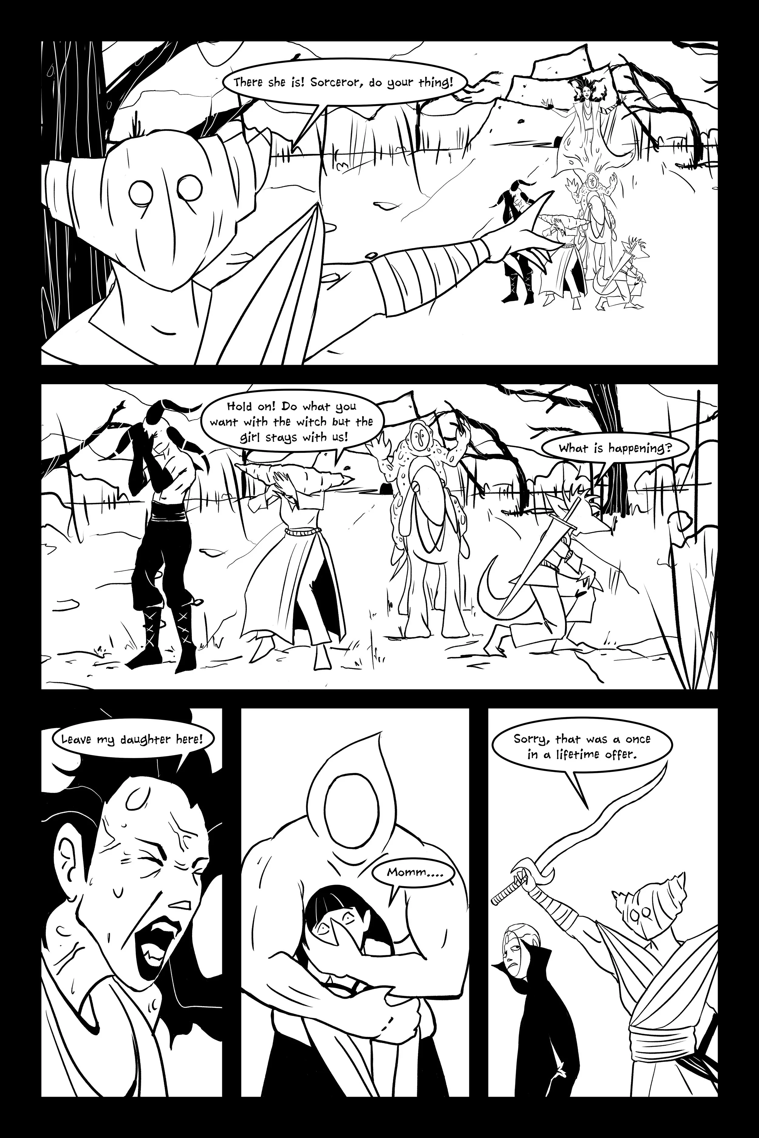 Comic strip depicting a dramatic scene with characters in a forest. A creature with a mask and armor points and shouts 'There she is! Sorceror, do your thing!' while another character with horns protests, and an alien-looking figure appears in the ba