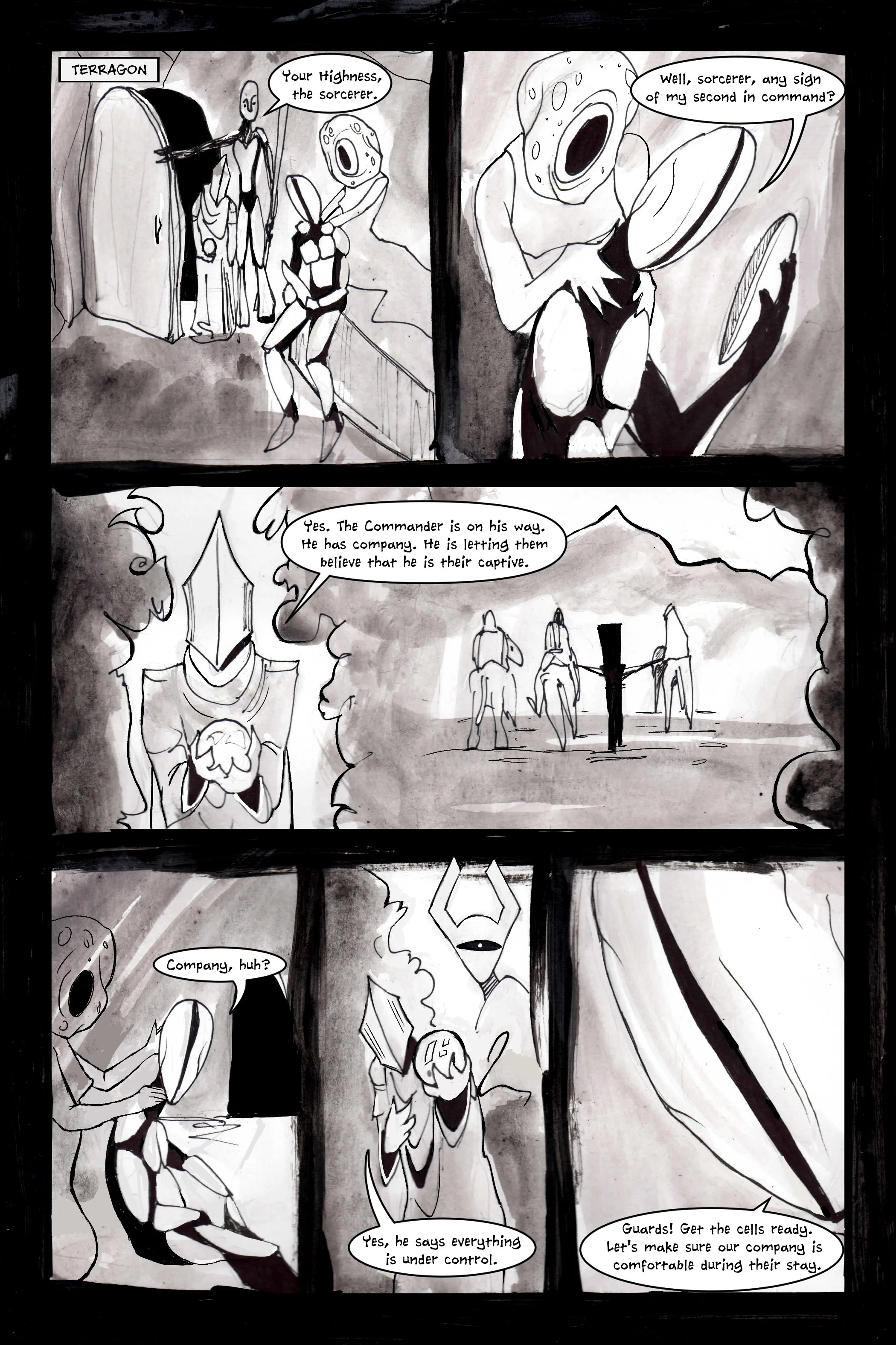 Black and white comic with four panels, featuring fantastical characters having a conversation about a sorcerer, commander, and captives. Art style is abstract and monochromatic with speech bubbles containing dialogue.