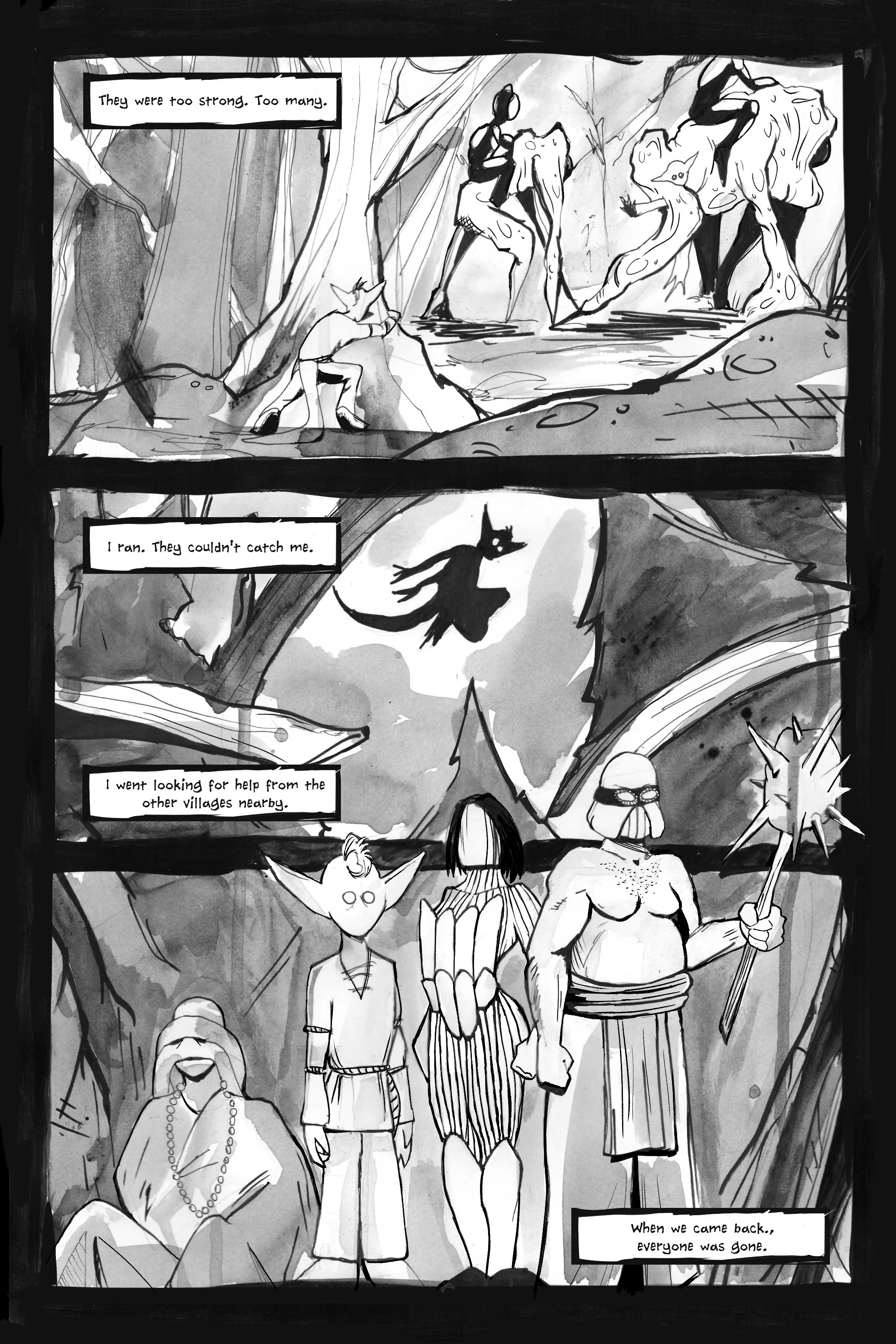 Comic page with three panels showing a narrative. Top panel: a humanoid creature hiding from two large monsters. Middle panel: the creature runs away. Bottom panel: the creature stands with three allies, including a robed figure, a creature with larg