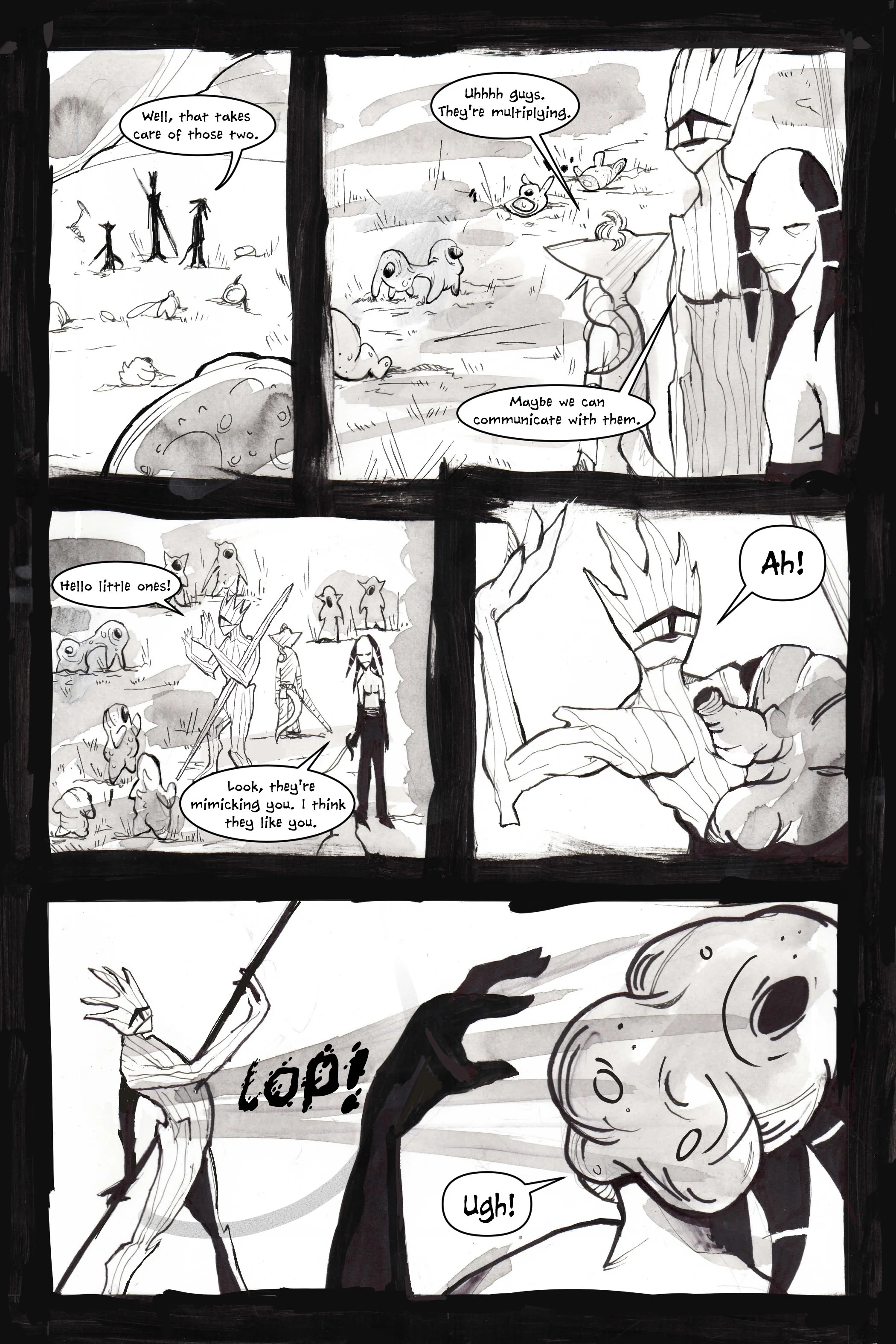 Comic page showing a group of characters encountering multiplying creatures. The characters attempt communication. One character, resembling a humanoid tree, is mimicked by the creatures. The page includes dialogue about the creatures multiplying and