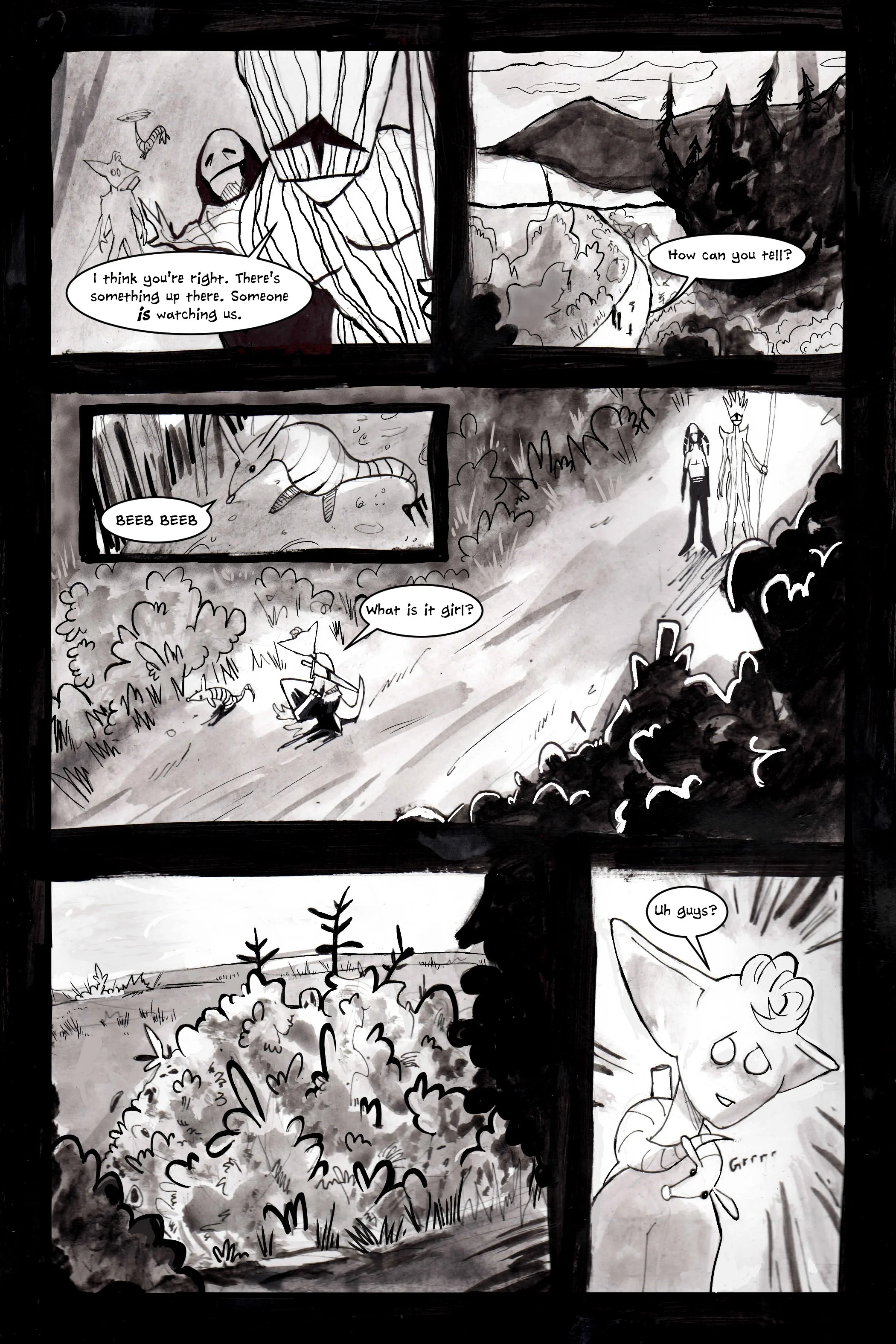 Black and white comic strip depicting an ominous scene in the forest. Characters are discussing a feeling of being watched. One character notices something, another character is seen with large ears, holding a staff and saying "Uh, guys?" indicating 