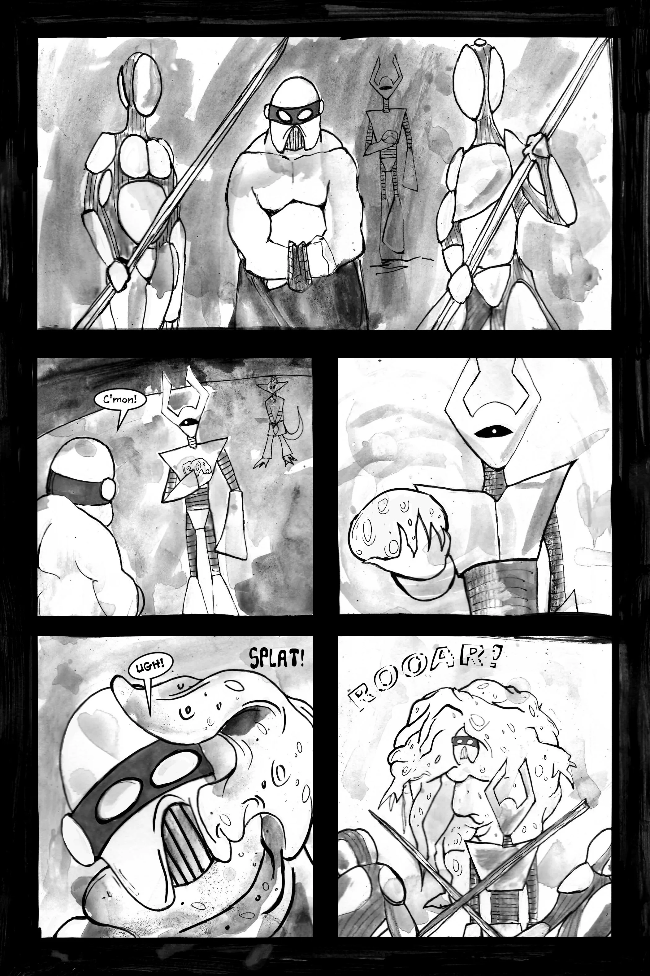 Black and white comic panel with futuristic characters and action scene involving slime or goo.
