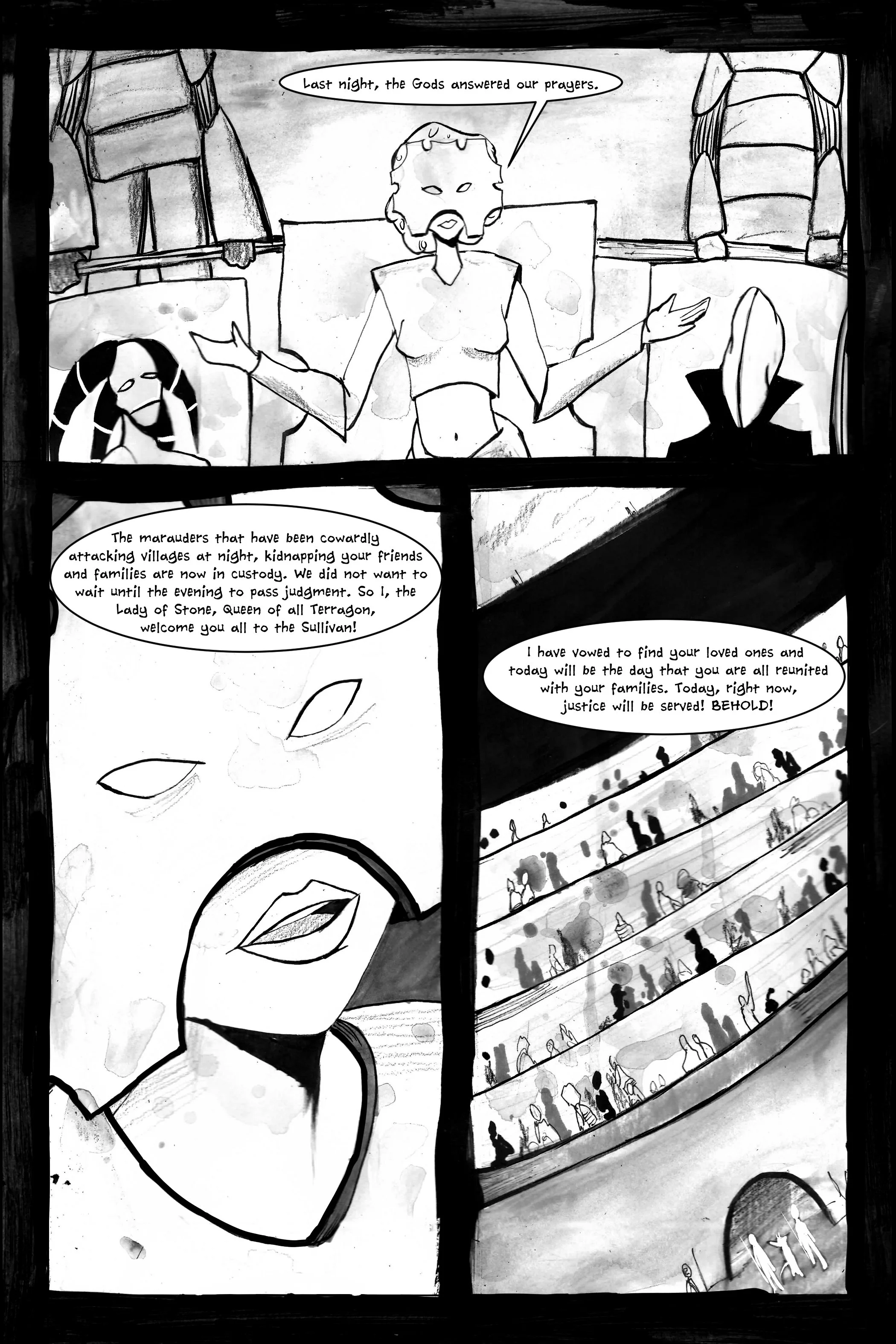 Black and white comic page showing a narrative with a central figure declaring justice. The character is addressing an audience about marauders in custody, referencing gods and justice. The bottom panel depicts a crowd in an arena, emphasizing a dram