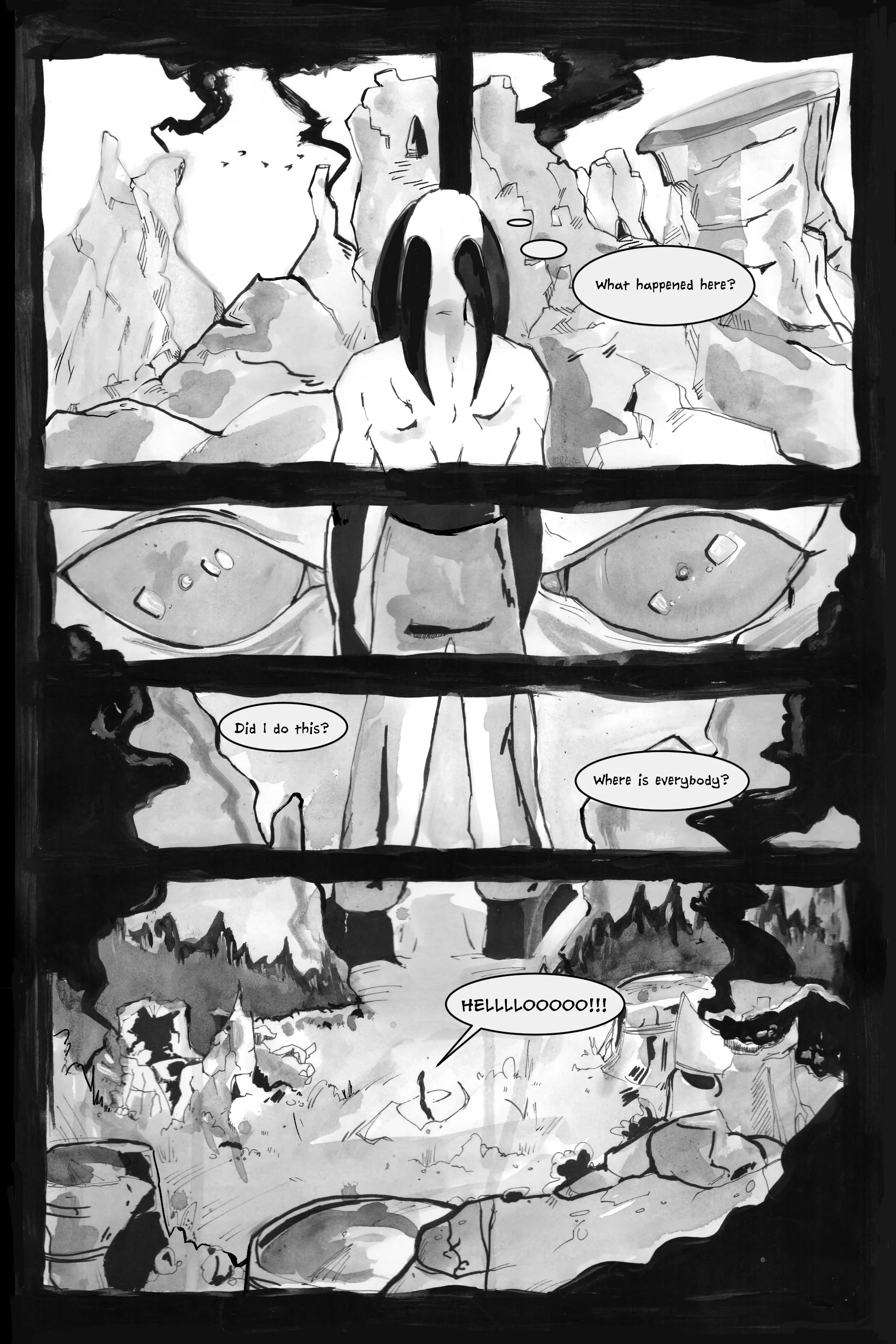 Black and white comic panel with a hooded figure in a rocky landscape, expressing confusion with text bubbles saying "What happened here?", "Did I do this?", "Where is everybody?", and shouting "HELLLOOOO!!!".