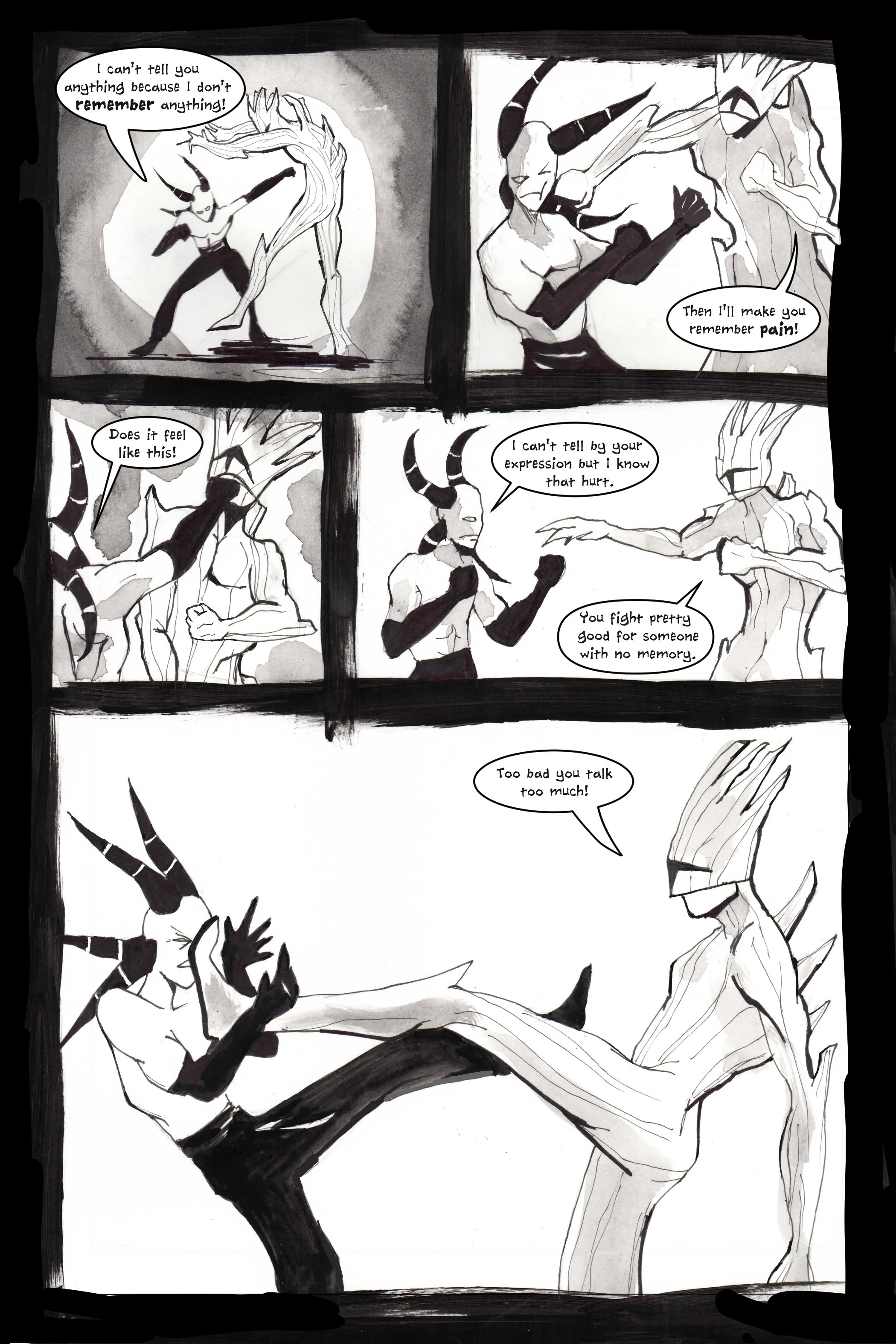 Monochrome comic strip featuring two humanoid figures with horn-like features, engaged in a dynamic fight sequence, exchanging dialogue about memory and pain. One character accuses the other of talking too much while throwing a powerful kick.