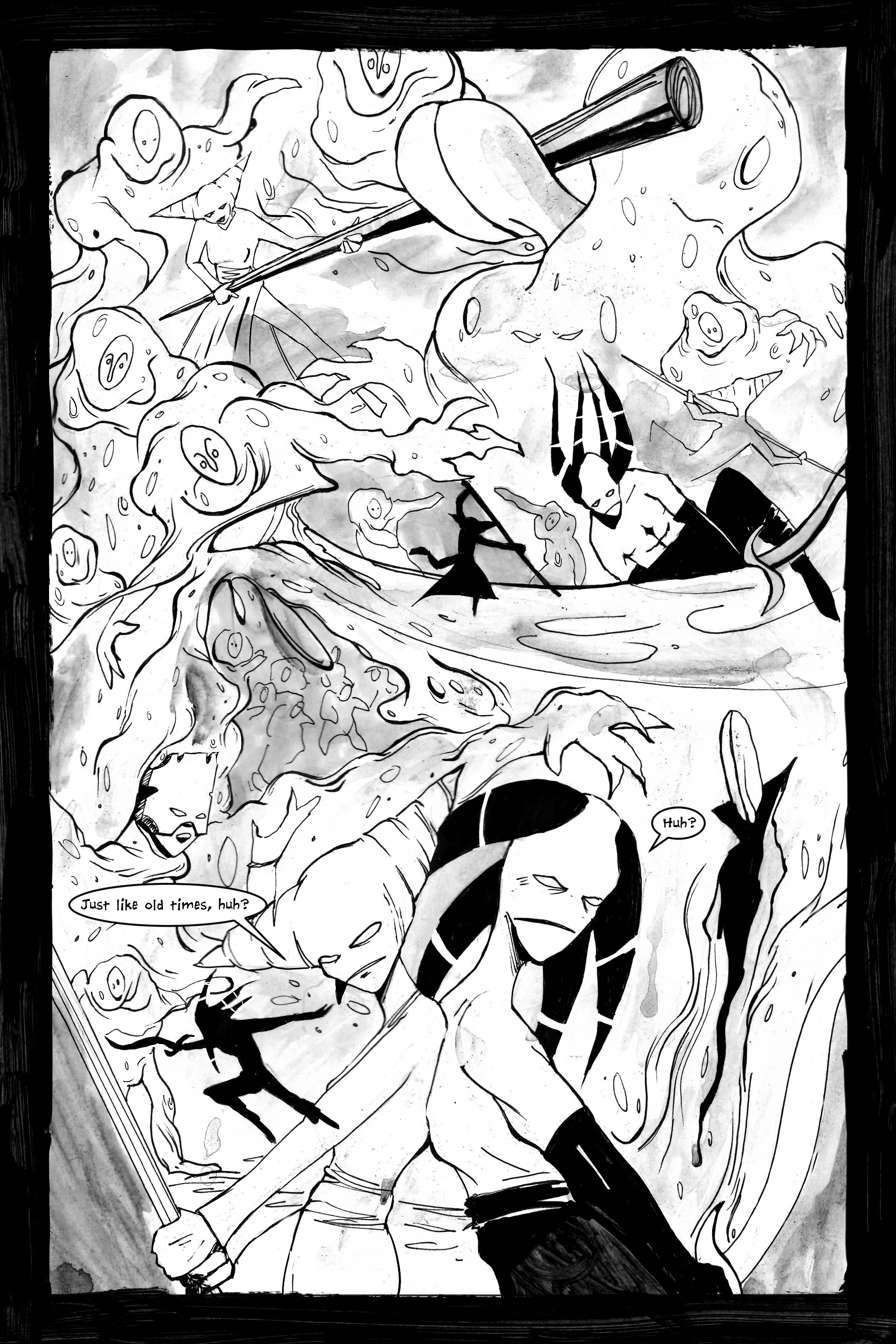 Monochrome illustration of an action-packed scene with stylized characters fighting amidst swirling smoke-like shapes, featuring figures with swords and flowing robes. One character comments, "Just like old times, huh?"
