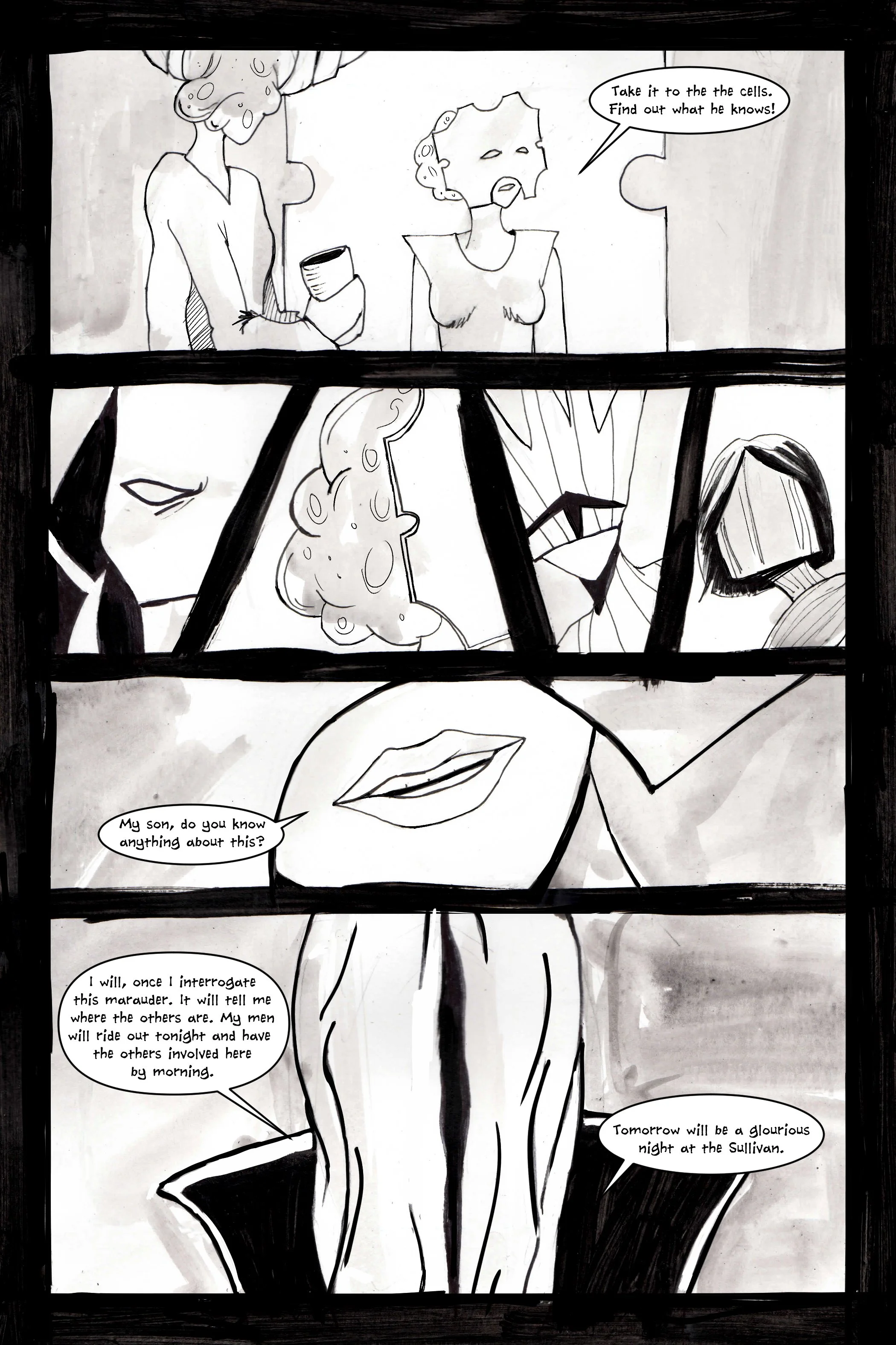 A black and white comic strip with four panels, featuring abstract characters and dialogue bubbles. The first panel shows two figures conversing, with one saying, "Take it to the cells. Find out what he knows!" The second panel has faces and abstract