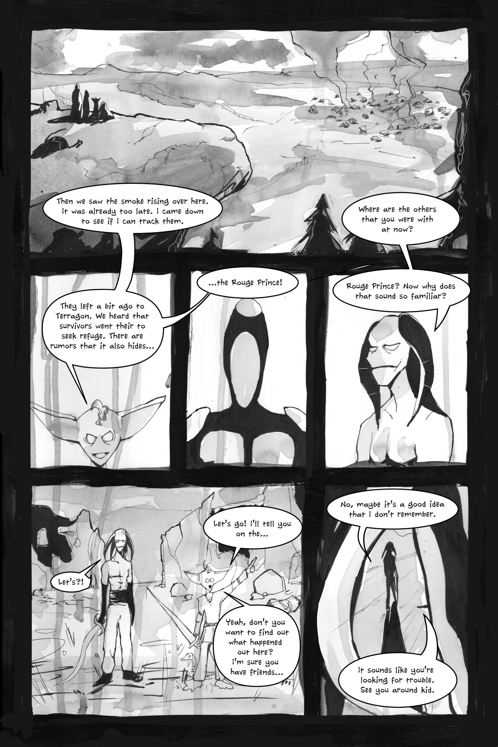 Black and white comic page with six panels, depicting a landscape with smoke, various characters discussing the 'Rouge Prince,' and a dialogue about seeking refuge and possible danger.