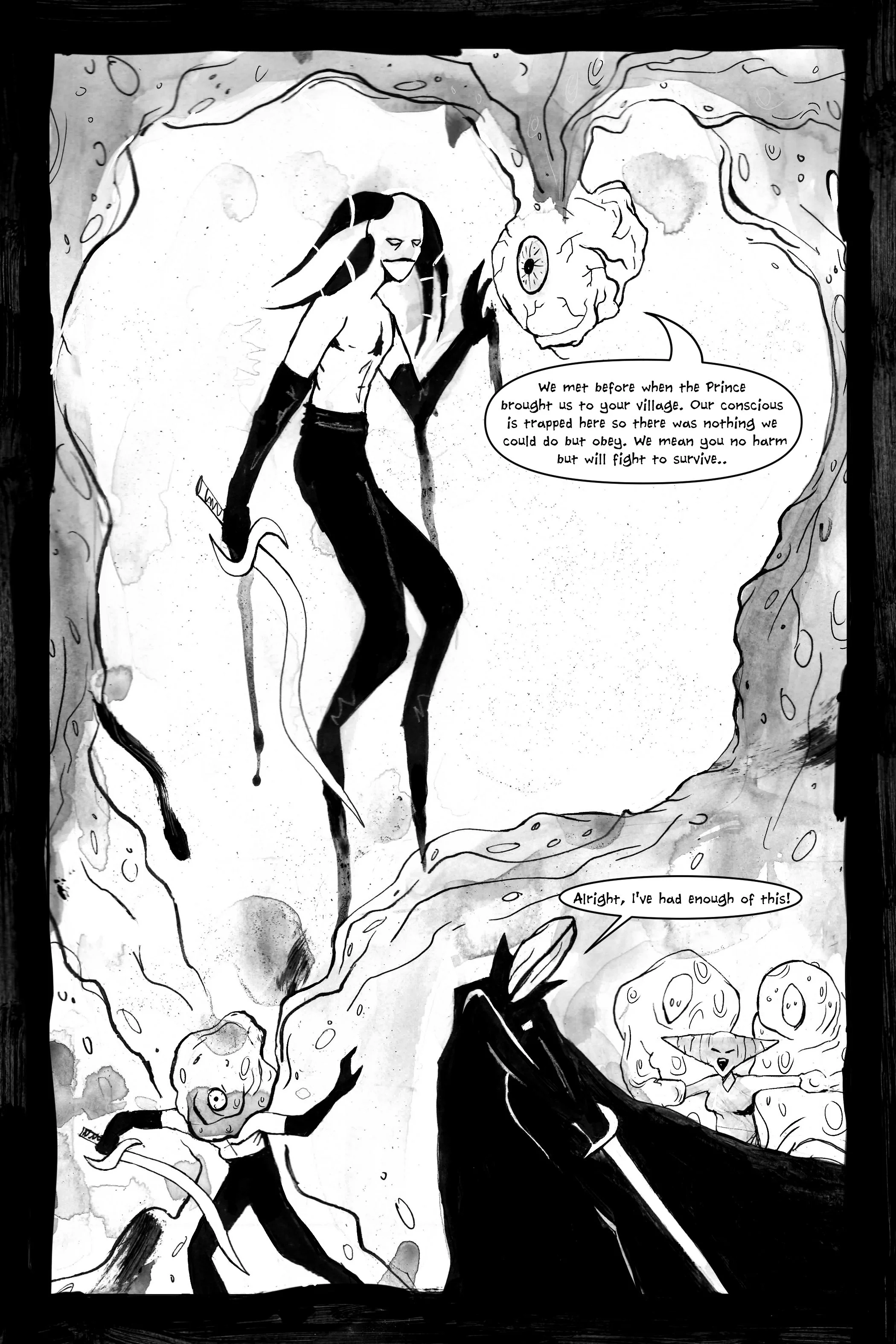 Black and white comic panel with a mysterious masked figure holding a scythe-like weapon, accompanied by floating creatures with large eyes. Text in speech bubbles describes a storyline involving a prince and a village.
