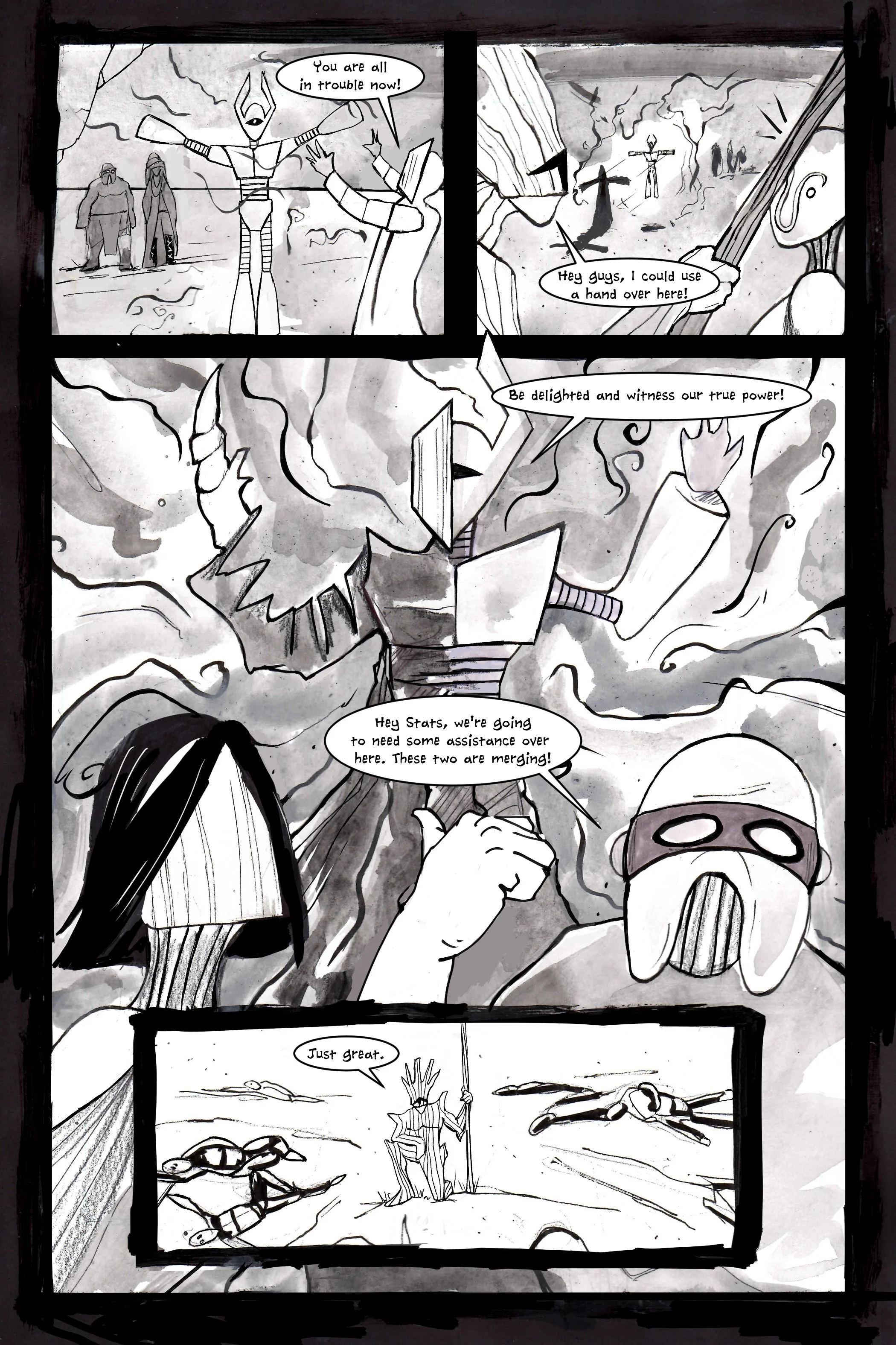 Black and white comic page depicting characters in a fantasy setting. Top panel shows figures confronting a robotic creature. Speech bubbles read, "You are all in trouble now!" and "Hey guys, I could use a hand over here!" Middle panels depict charac