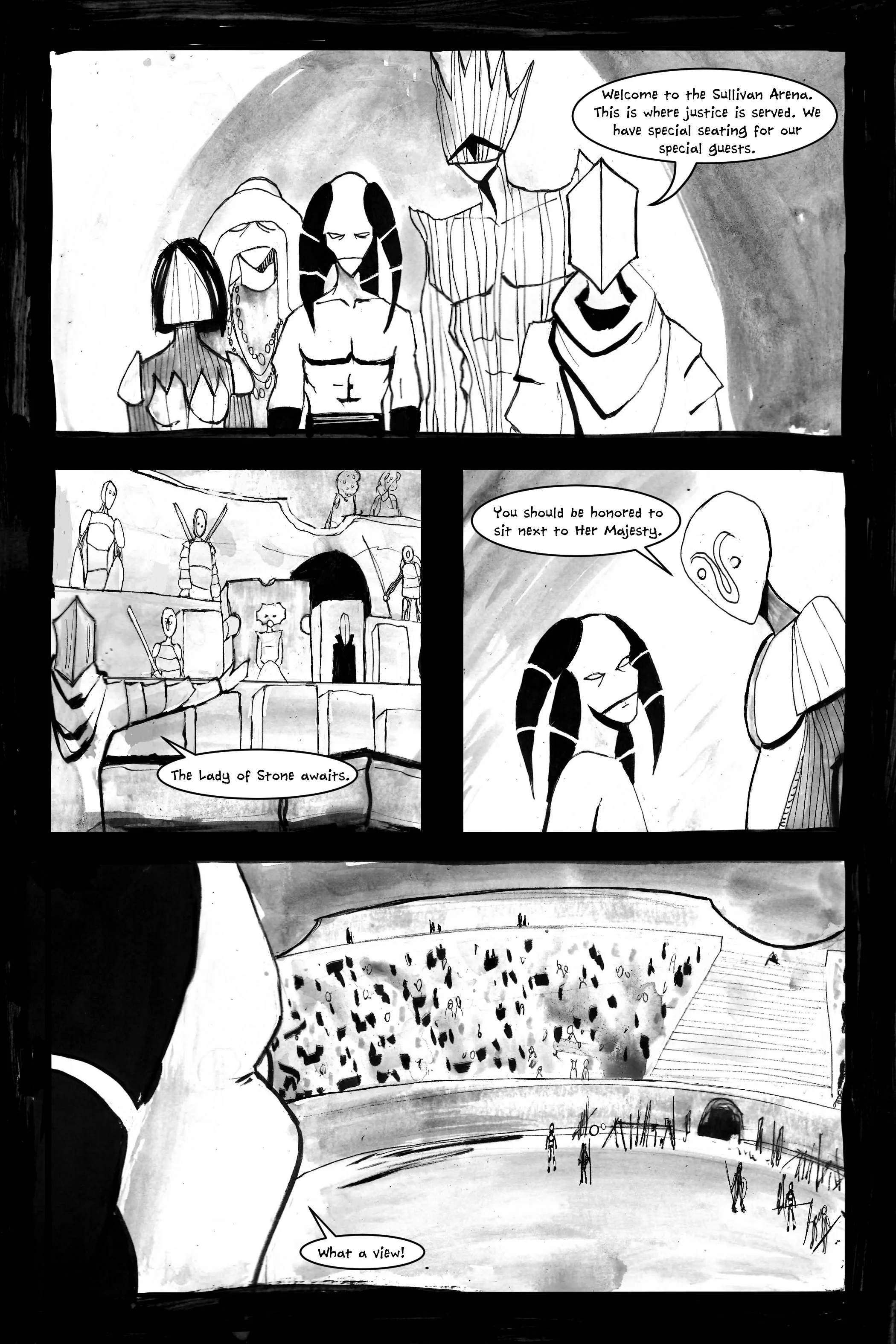 Black and white comic page depicting characters in an arena. Top panel shows a group with one saying, "Welcome to the Sullivan Arena. This is where justice is served." Middle panels depict figures in stadium seating; a character says, "The Lady of St