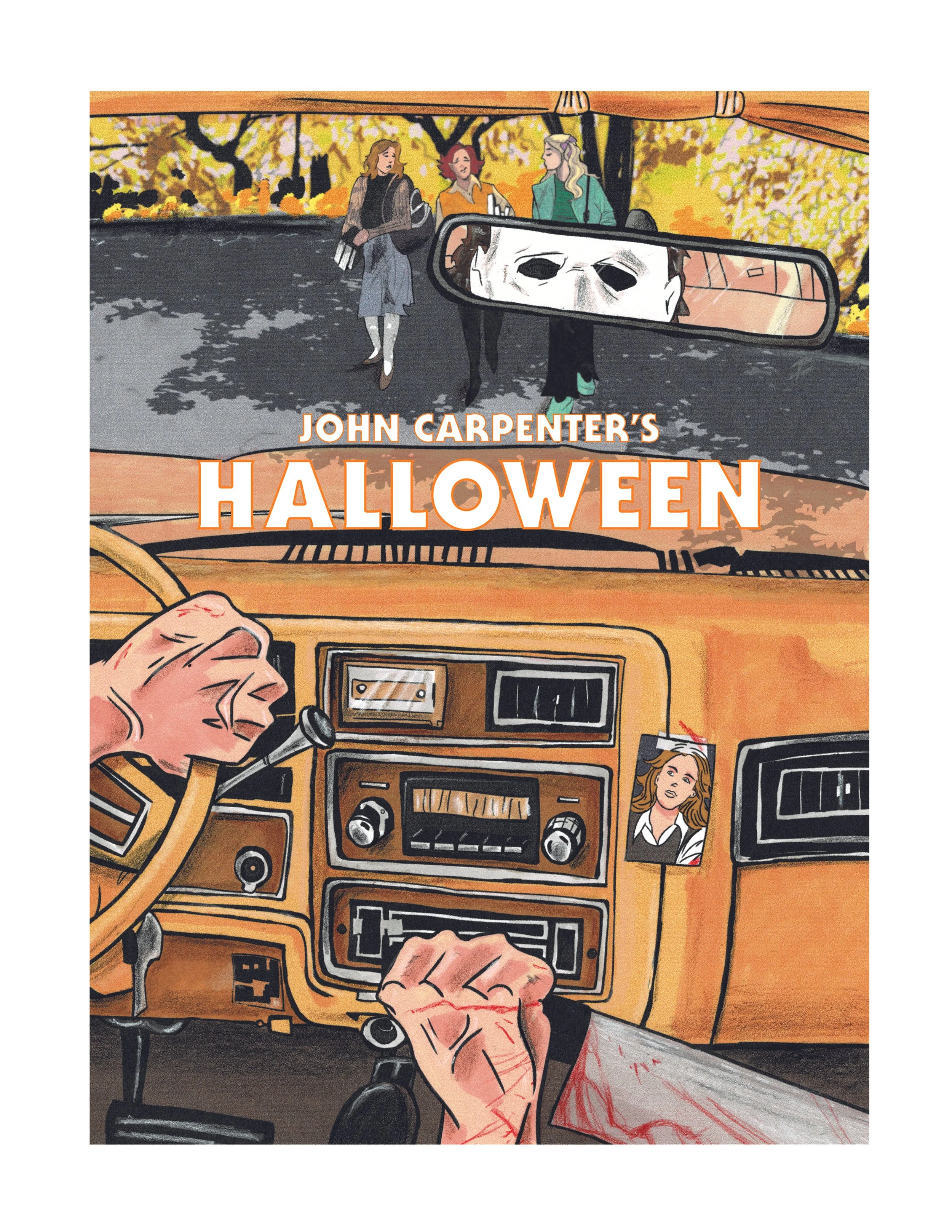 Book cover illustration for John Carpenter's Halloween with a scene of a person driving a car, a rearview mirror showing a mask, and three women walking in a park.