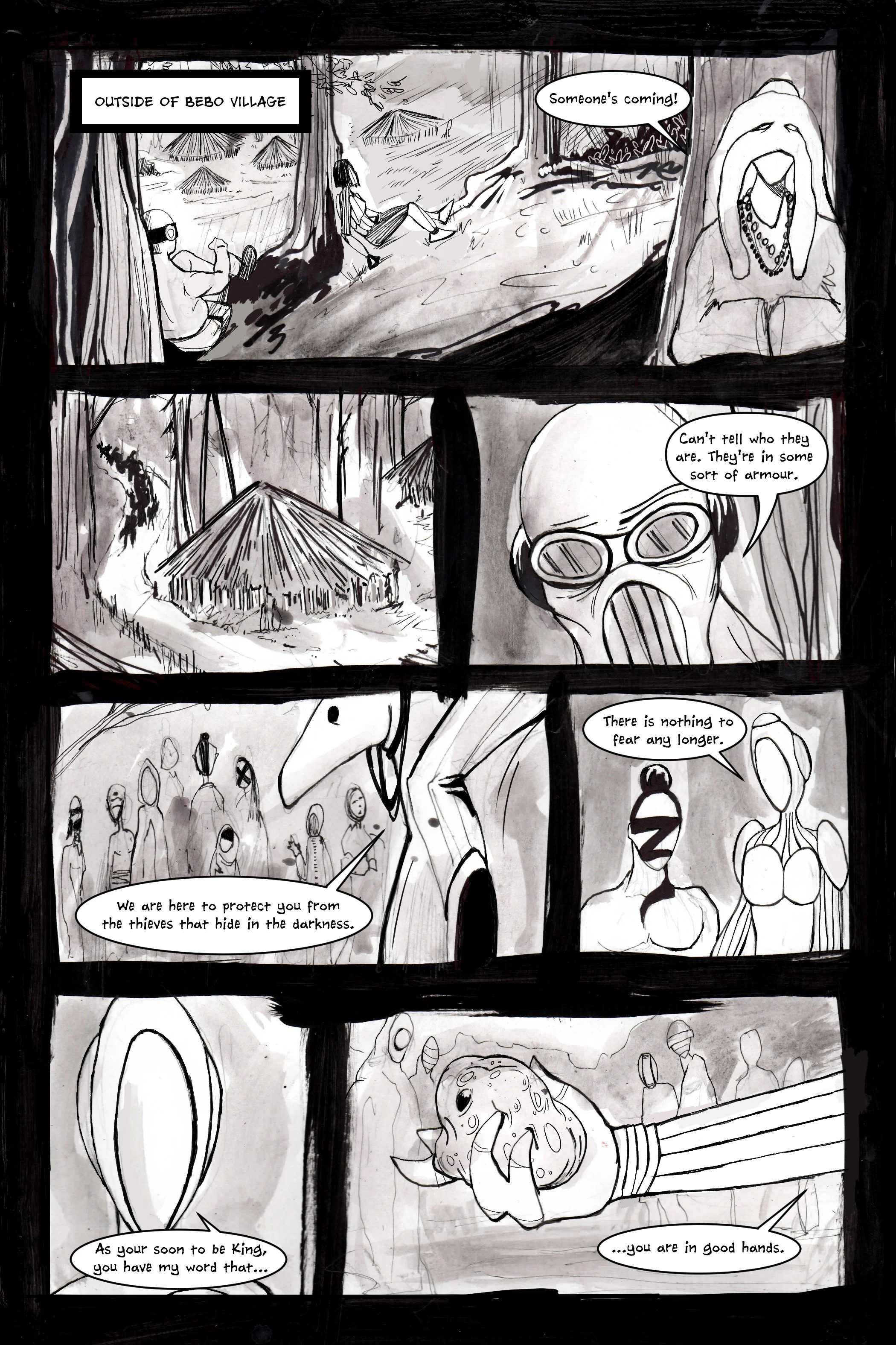 Black and white comic page showing characters outside a village. Individuals wearing masks and armor approach. Dialogues include protecting from thieves and offering reassurance. Scenes of huts, armored figures, and characters with mysterious outfits