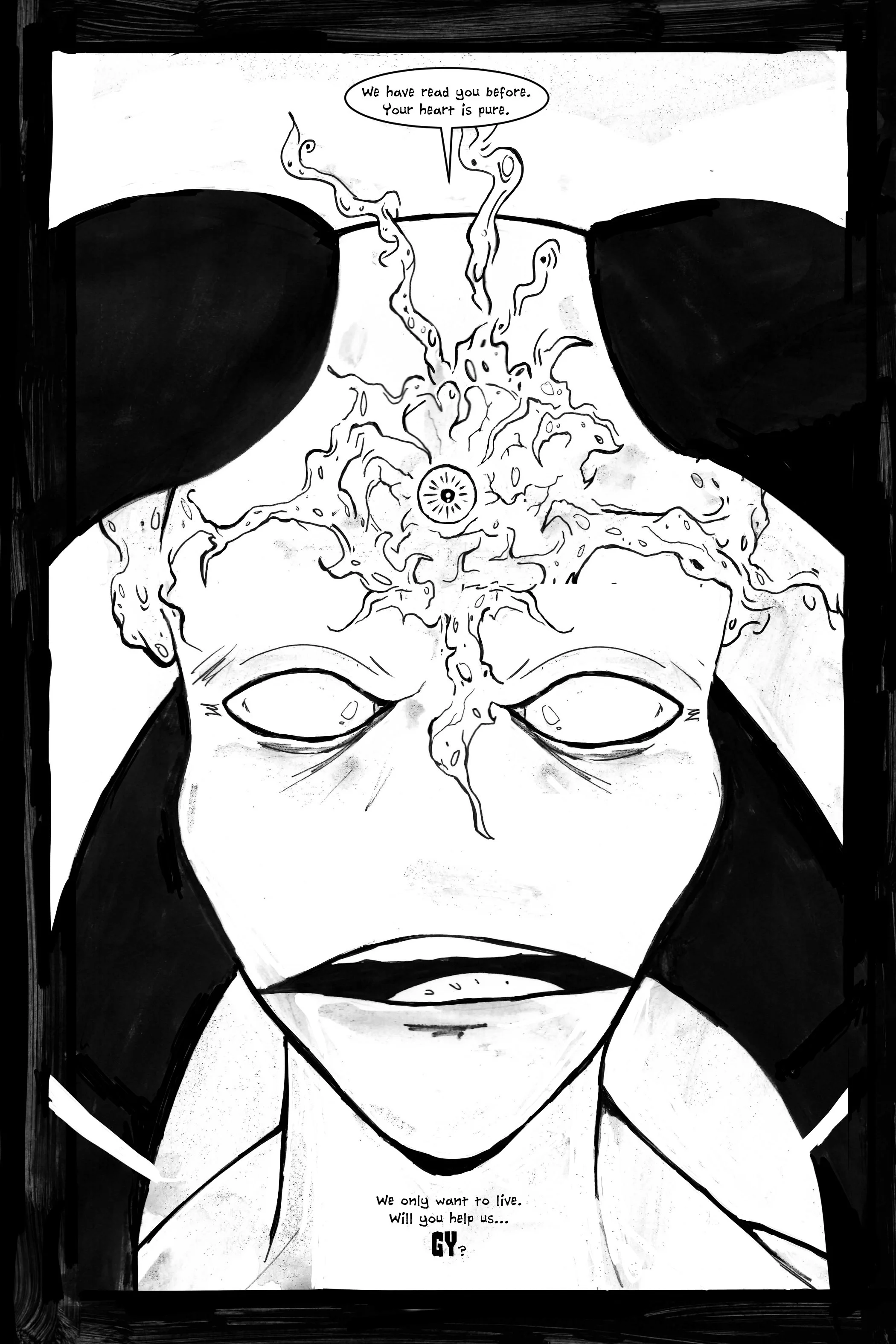 Surreal illustration of a face with abstract designs and dialogue bubbles.