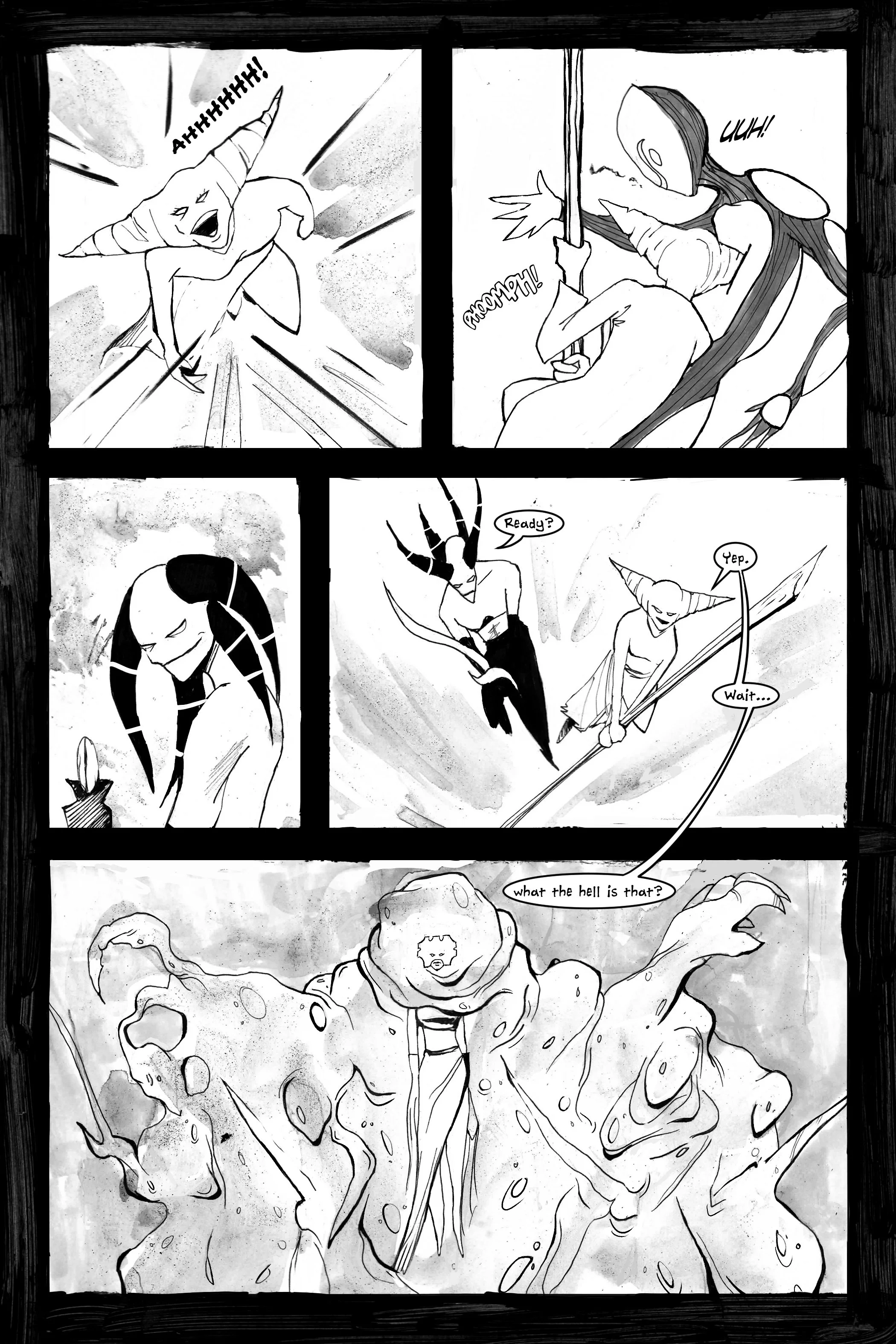 Black and white comic page with a dramatic scene, horned character screaming, another character grabbing a pole, pair preparing for battle, and a mysterious cloaked figure emerging.