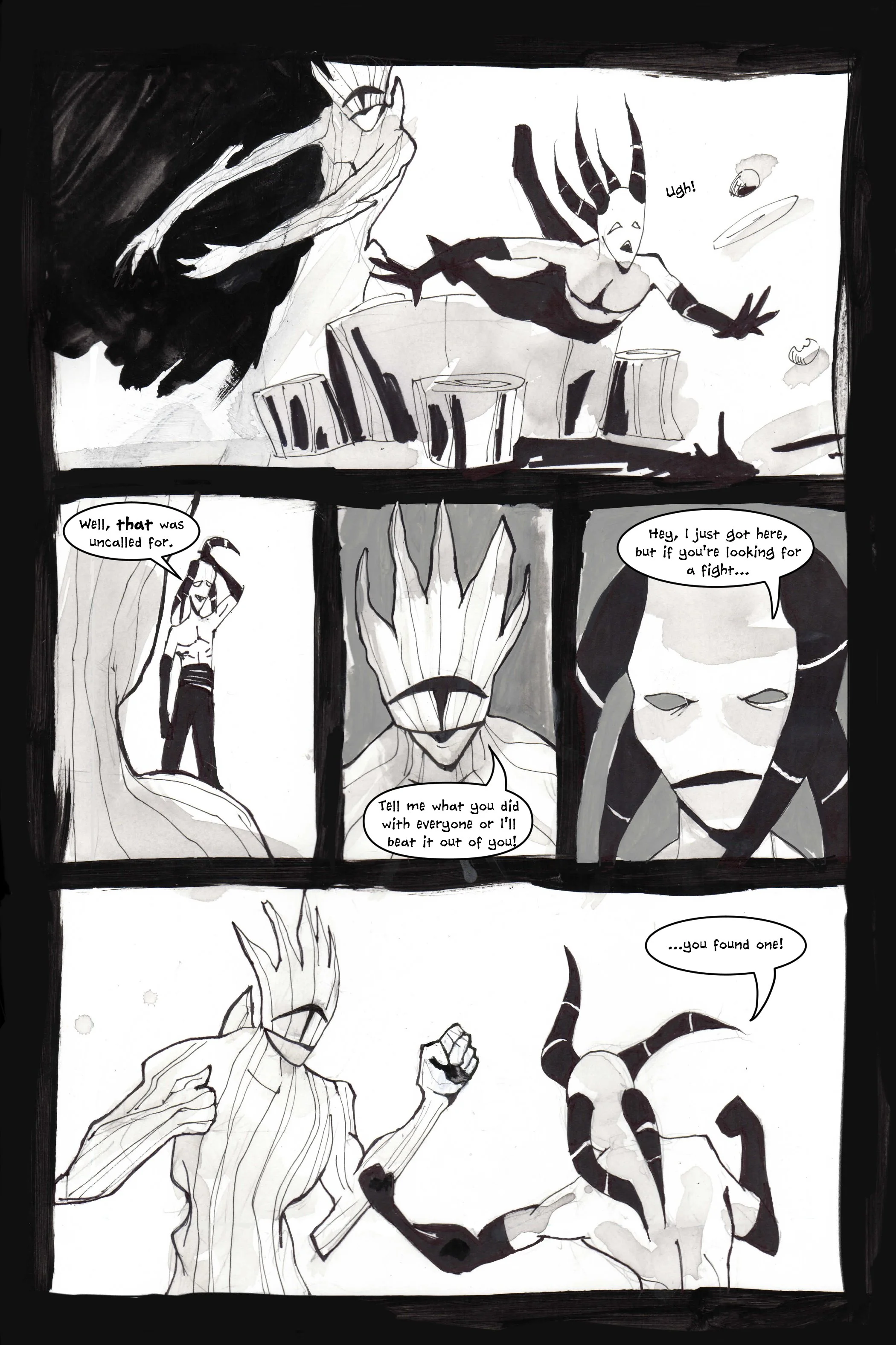 Black and white comic page featuring three characters with supernatural appearances engaged in a confrontation. One character is thrown back, others are in a standoff. Various dialogue bubbles convey tension and challenge, hinting at a fight scene.