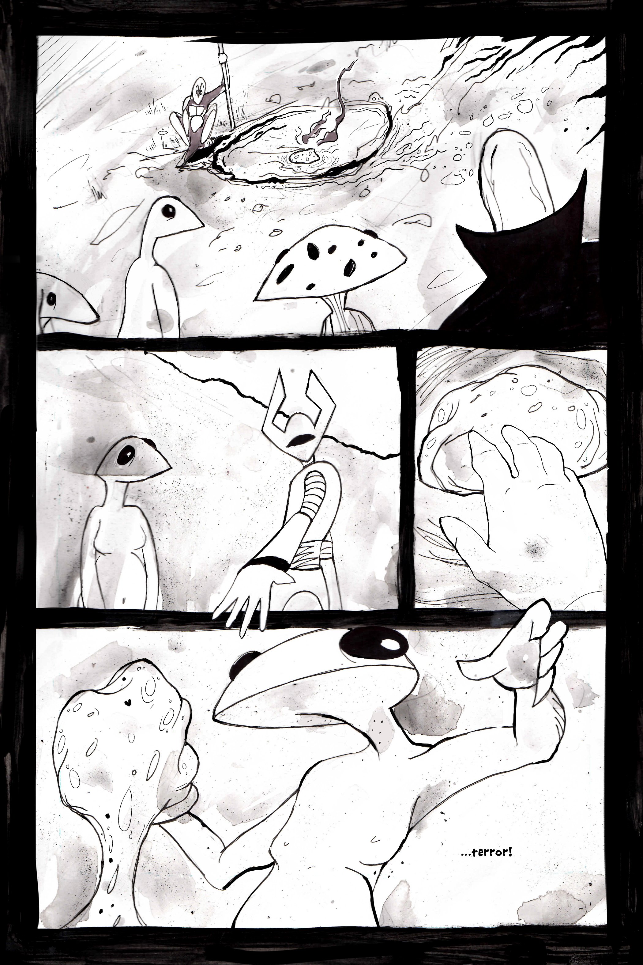 Black and white comic page depicting alien creatures in a desert-like environment. The top panel shows a crater with a small flame as a creature looks into it. Other panels include various humanoid figures with different features, such as spots or el