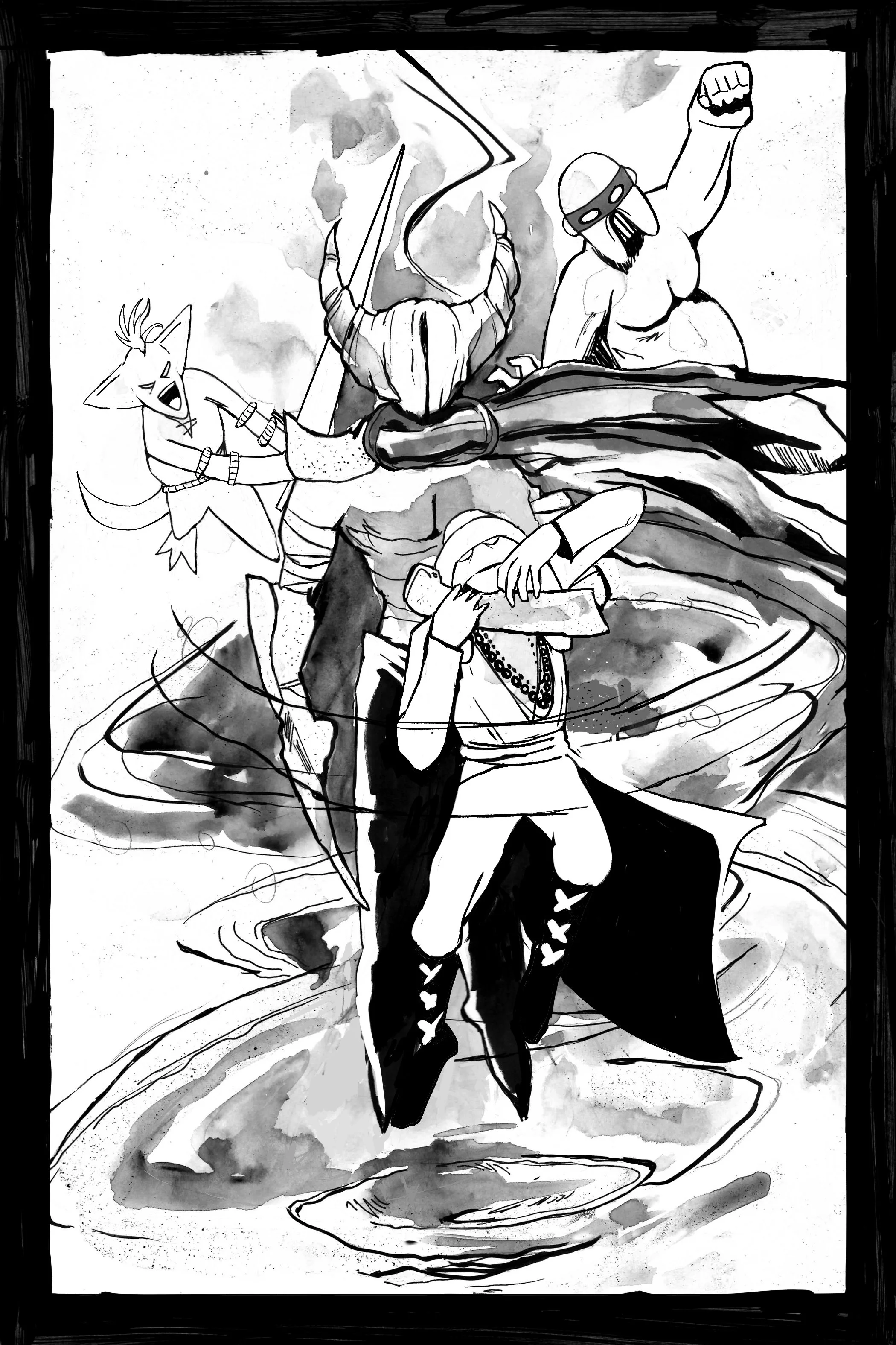 Black and white illustration of a dynamic scene with three characters: a horned figure with a cape, a masked figure, and a smaller creature with cat-like features. The setting appears chaotic, with swirling motion and abstract elements.