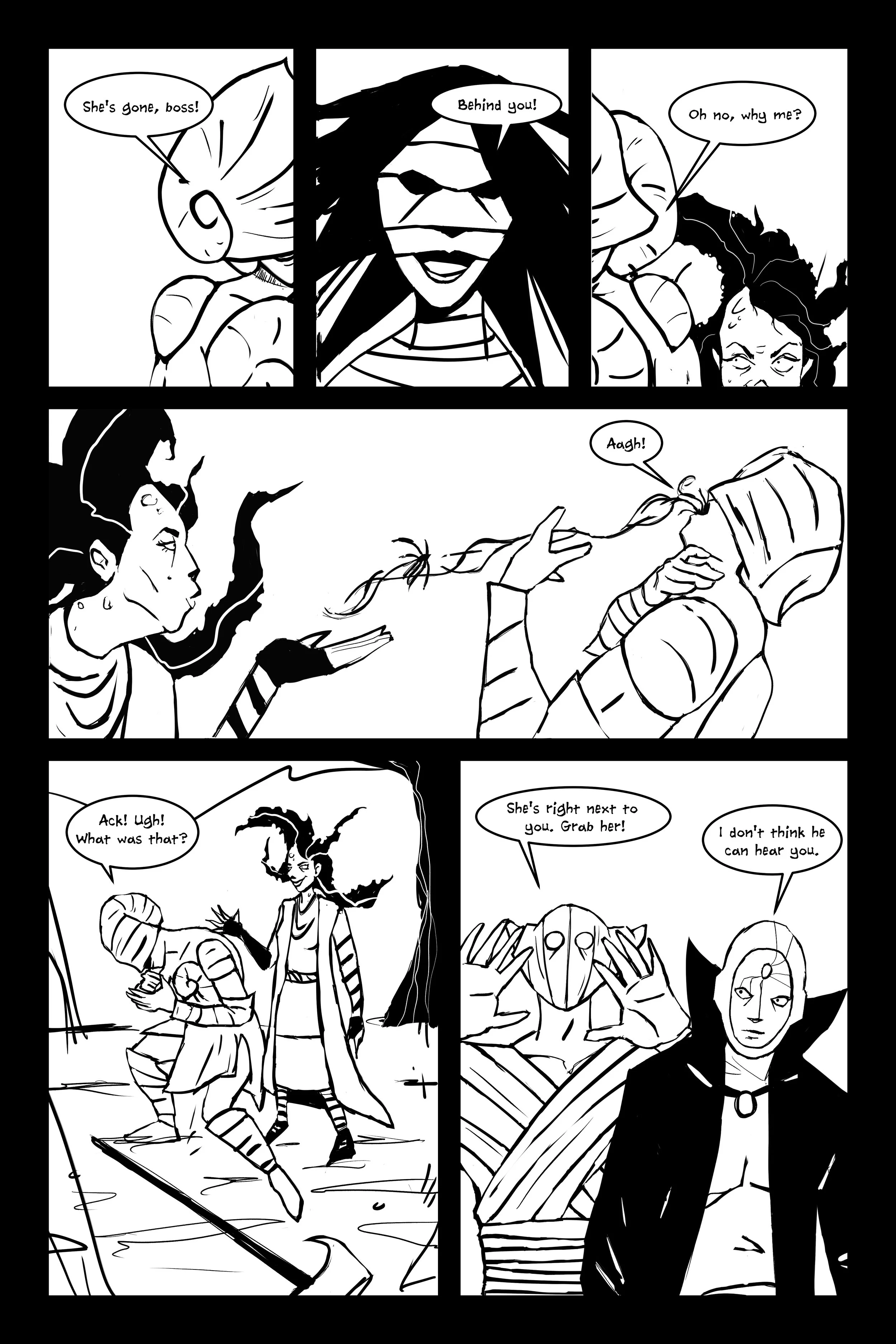 Black and white comic strip featuring multiple characters, including a woman with striped sleeves and another with tentacle-like hair, engaging in dialogue about a disappearance and a confrontation.