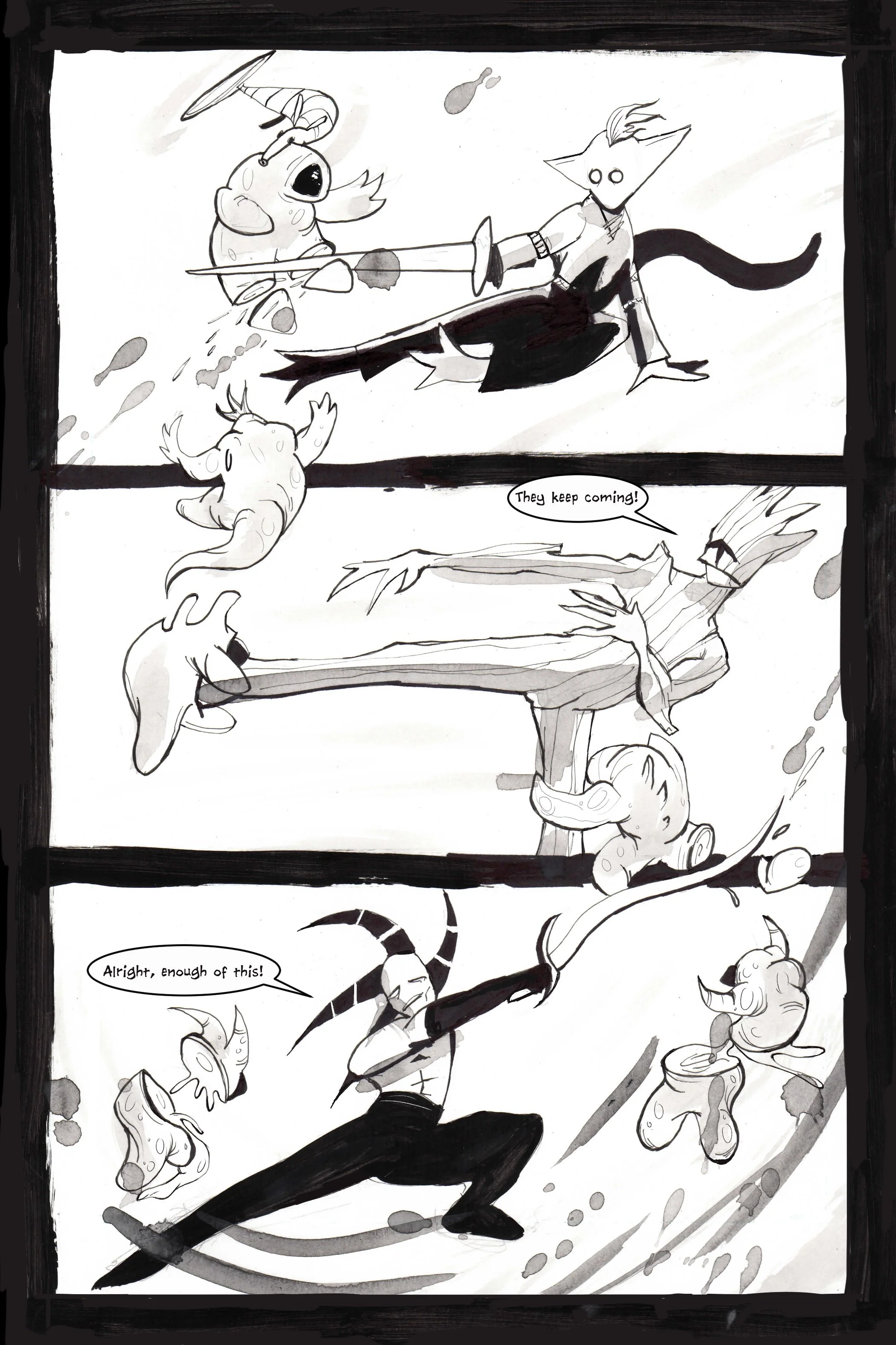 Black and white comic panel showing a character fighting creatures with a sword, expressing frustration. Speech bubbles: "They keep coming!" and "Alright, enough of this!"