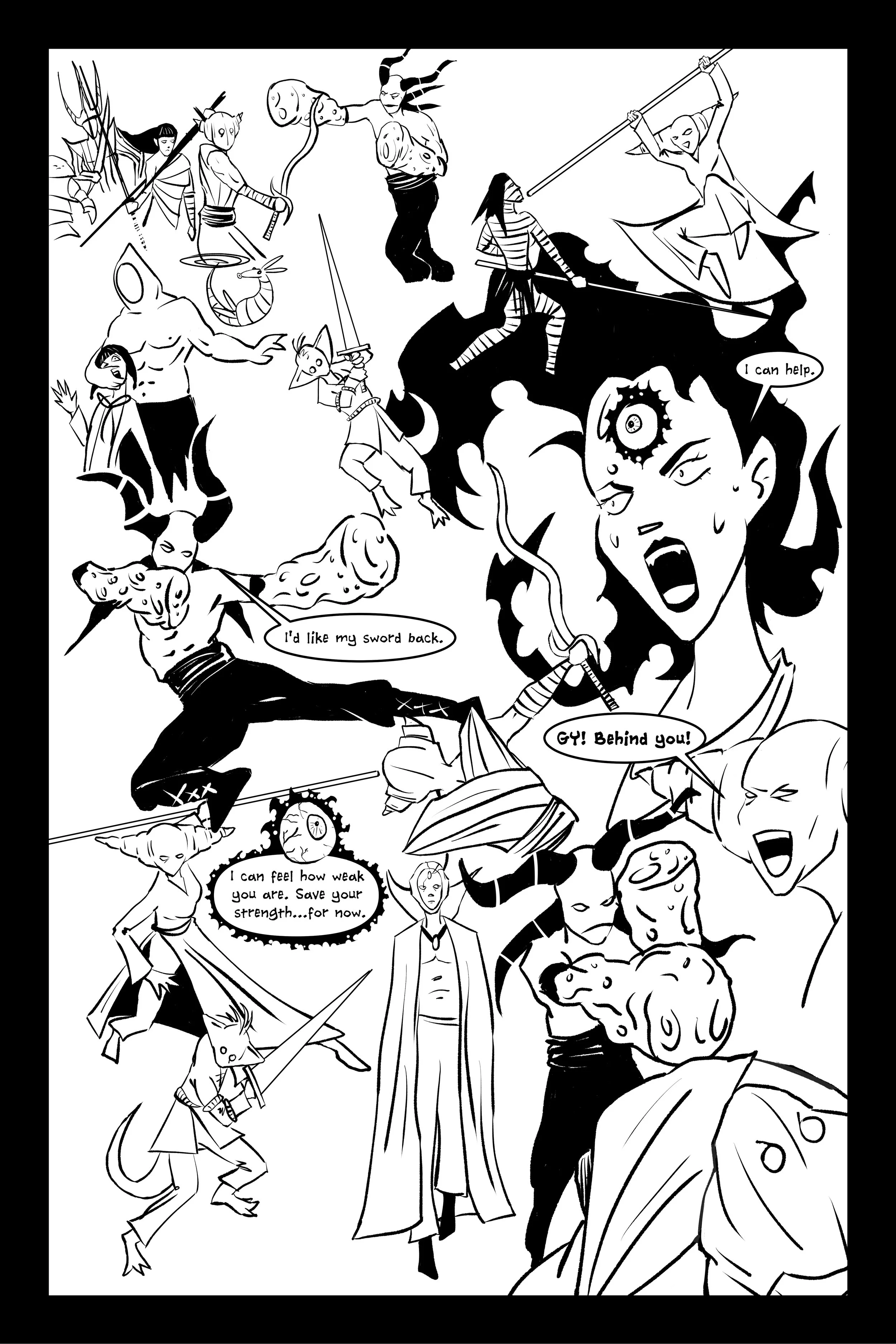 Black and white illustration of a fantasy battle scene with various characters, including warriors, mythical creatures, and monsters, with speech bubbles and dramatic poses.
