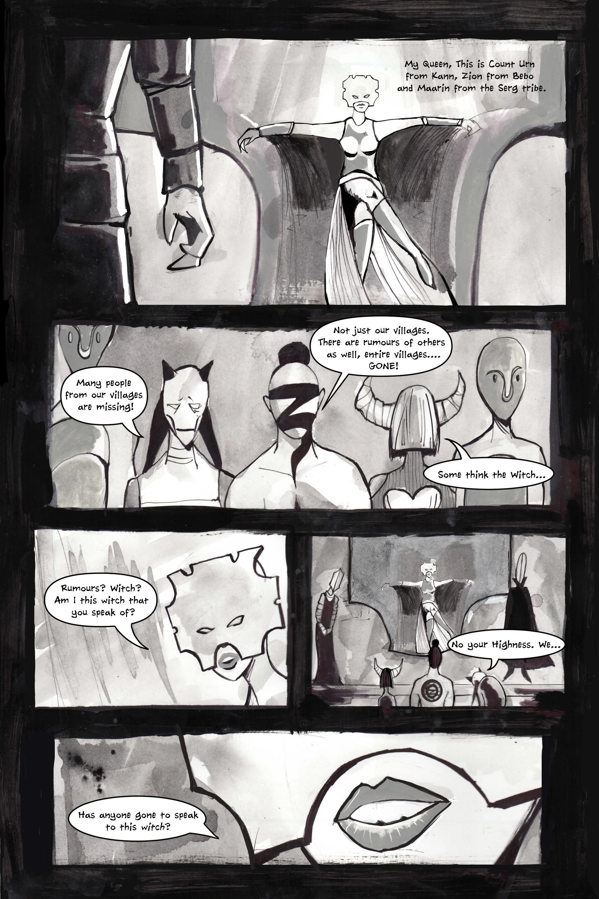 Black and white comic page depicting a forum with various characters discussing missing villagers and rumors of a witch. A central figure sits on a throne, questioning others present. Text bubbles convey the discussion and concern about the situation