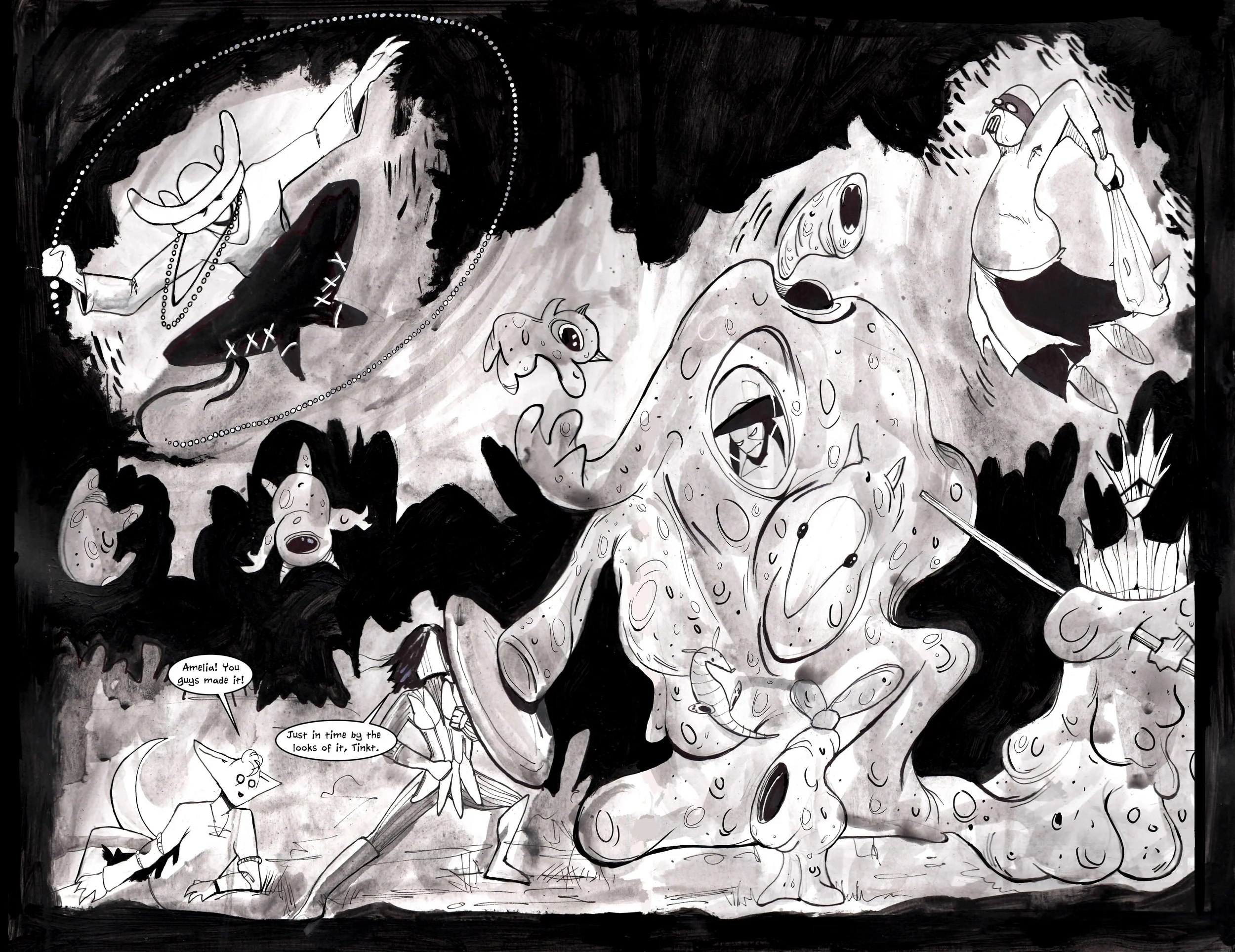 Black and white comic illustration featuring a dramatic scene with a cowboy in a sombrero jumping with a lasso, an octopus-like creature with numerous eyes, and two humanoid figures engaged in action against a dark, swirling backdrop. The scene inclu