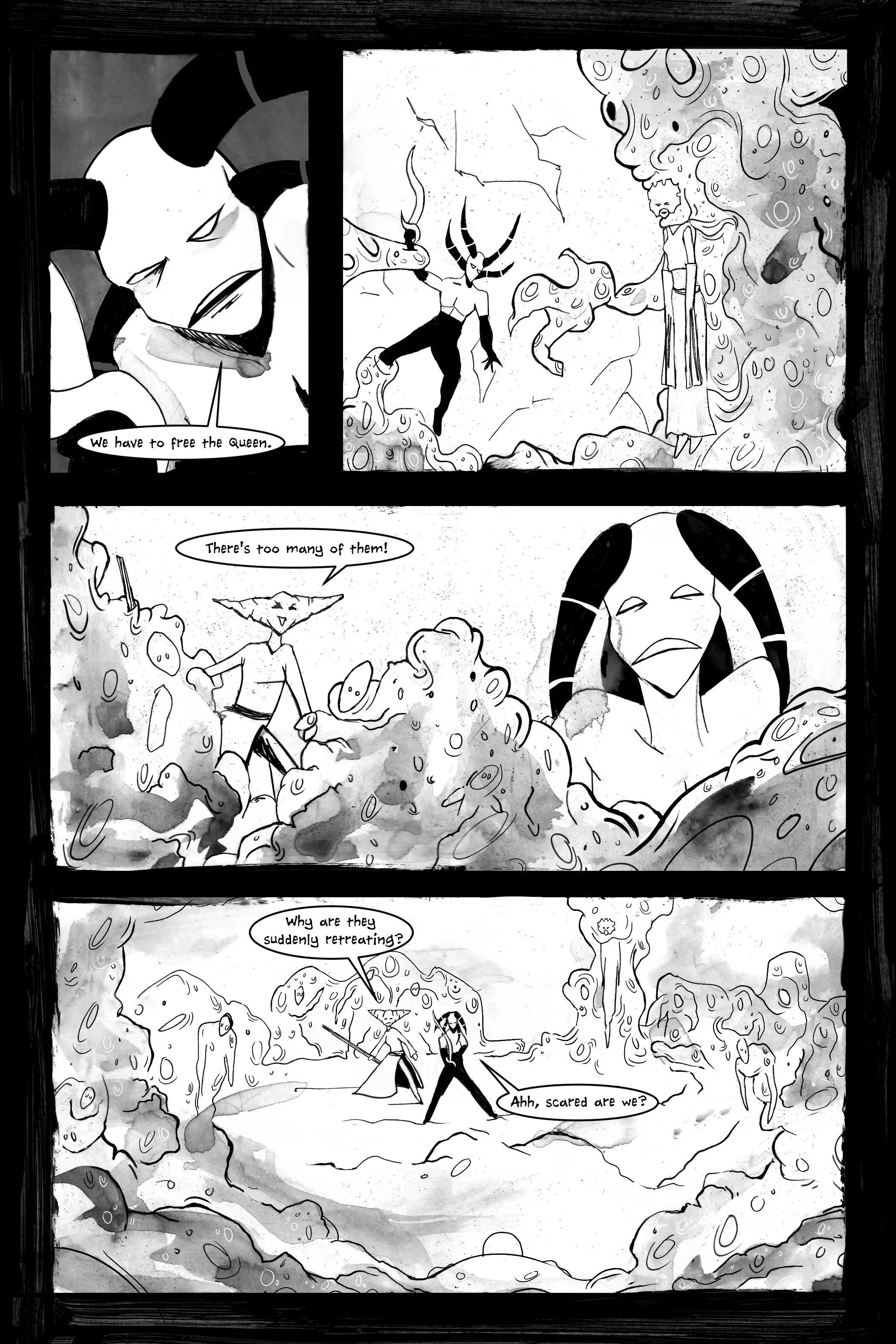 Black and white comic panel showing fantasy characters with horns and mystical settings, discussing freeing a queen while facing goo-like creatures.
