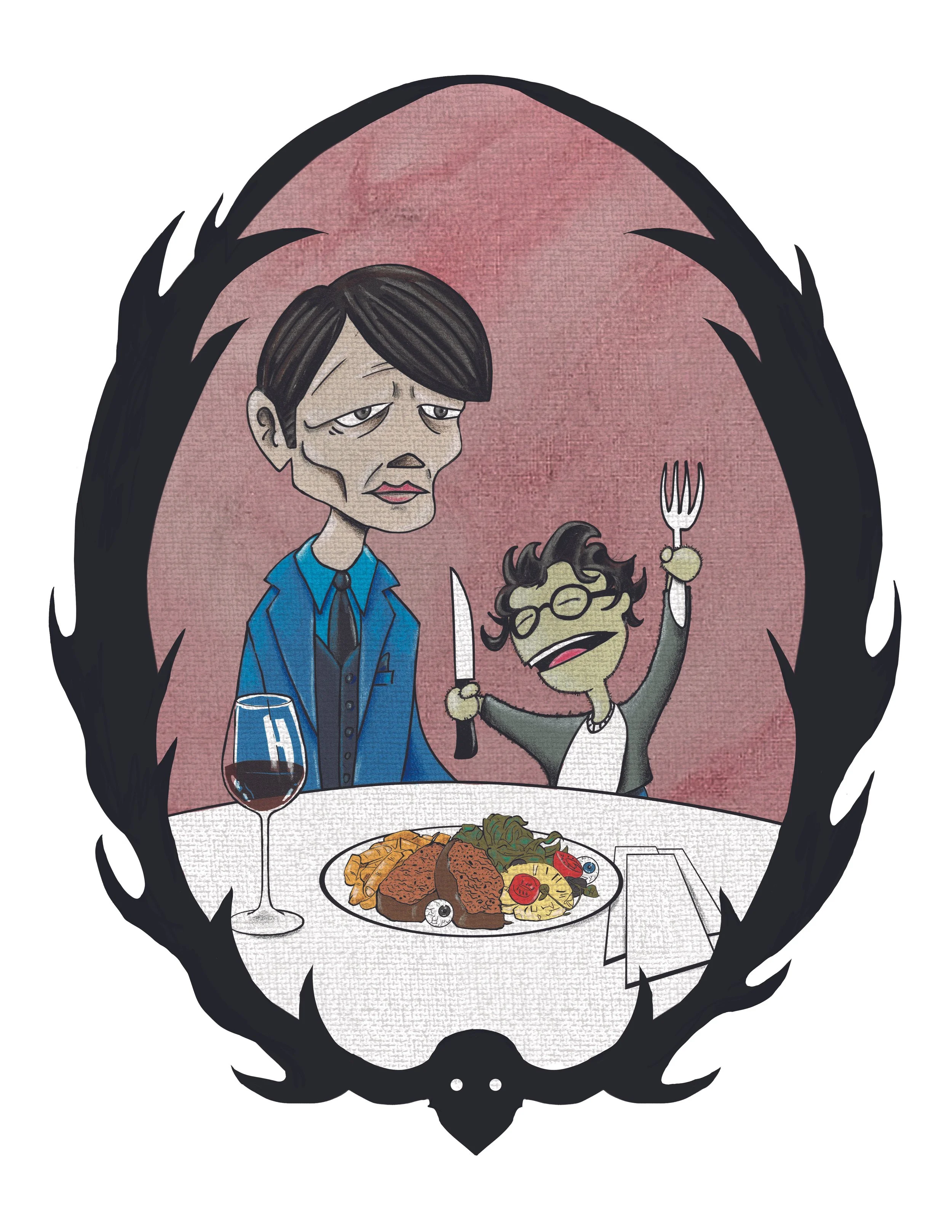 Cartoon of a sad woman and an excited child celebrating a dinner with a steak, salad, and wine at a table, framed by a black decorative border.