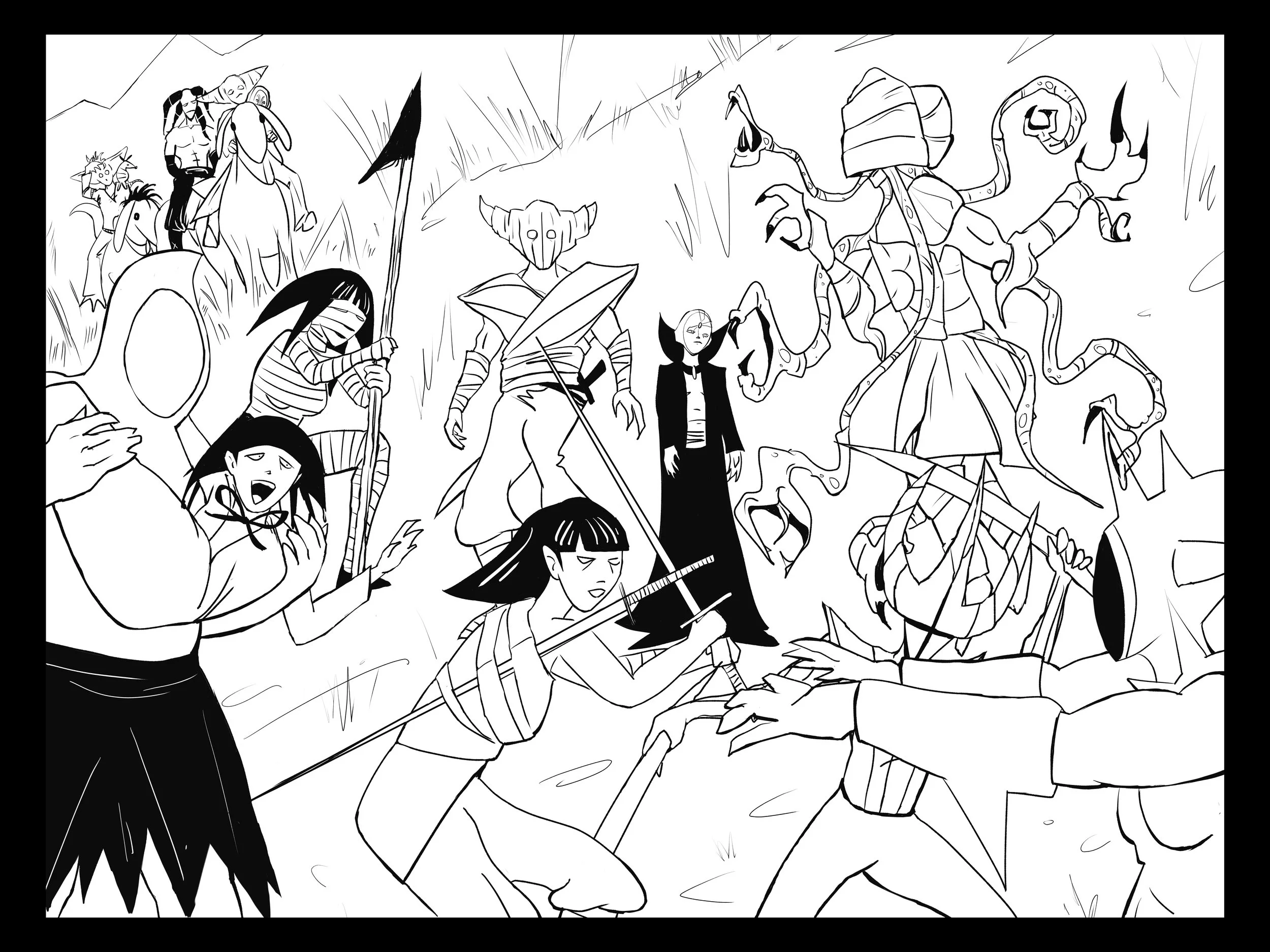 Line art illustration of a fantasy battle scene with multiple characters, including a swordswoman fighting a multi-armed creature, and other figures wielding weapons or appearing concerned, in a detailed, dynamic composition.