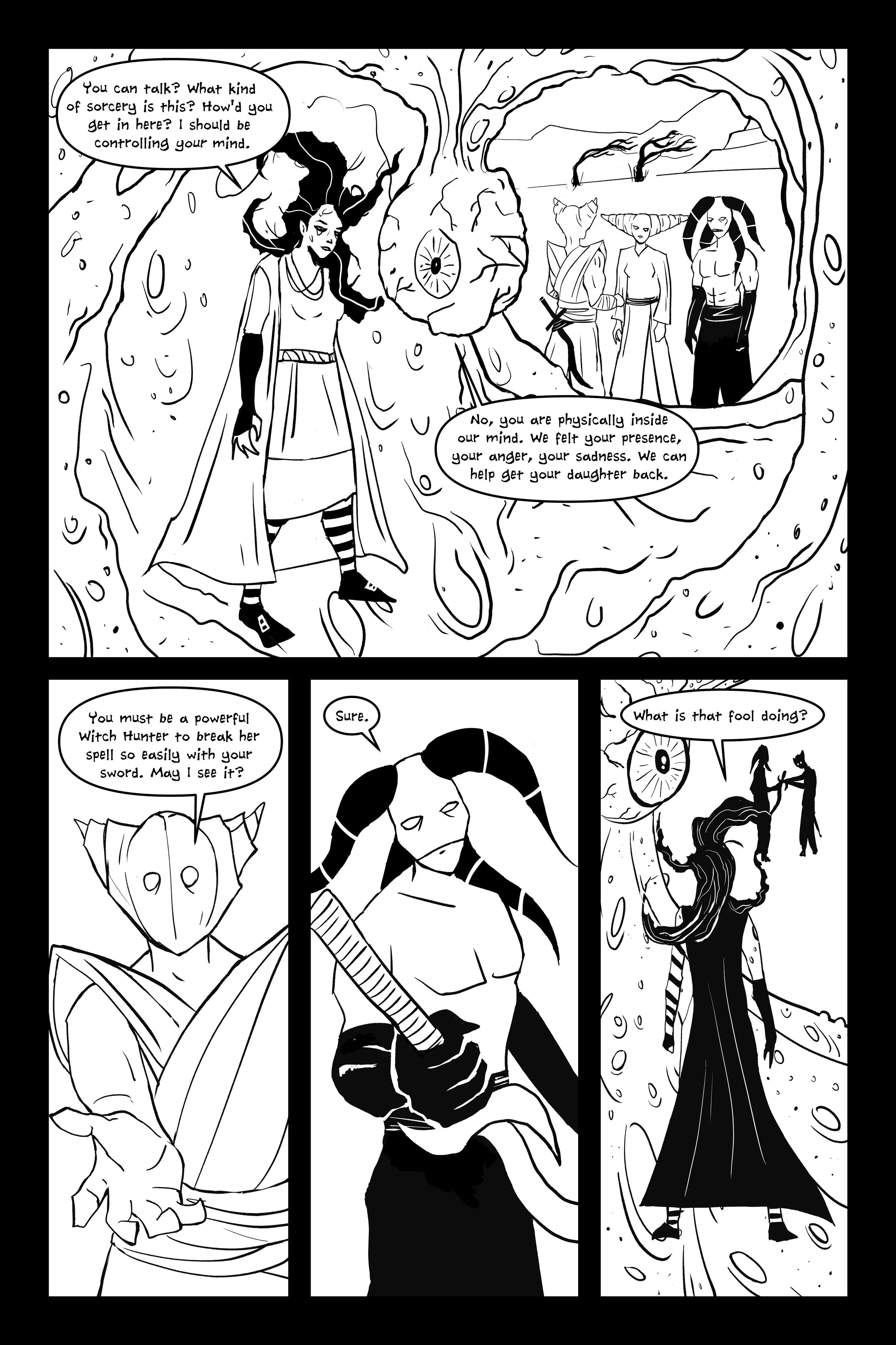 A black and white comic strip featuring characters in a mystical or fantasy setting. The main character, a woman with dark hair, is inside a large, organic-looking mind or brain-like structure. She talks to mysterious figures, one with a mask and ano