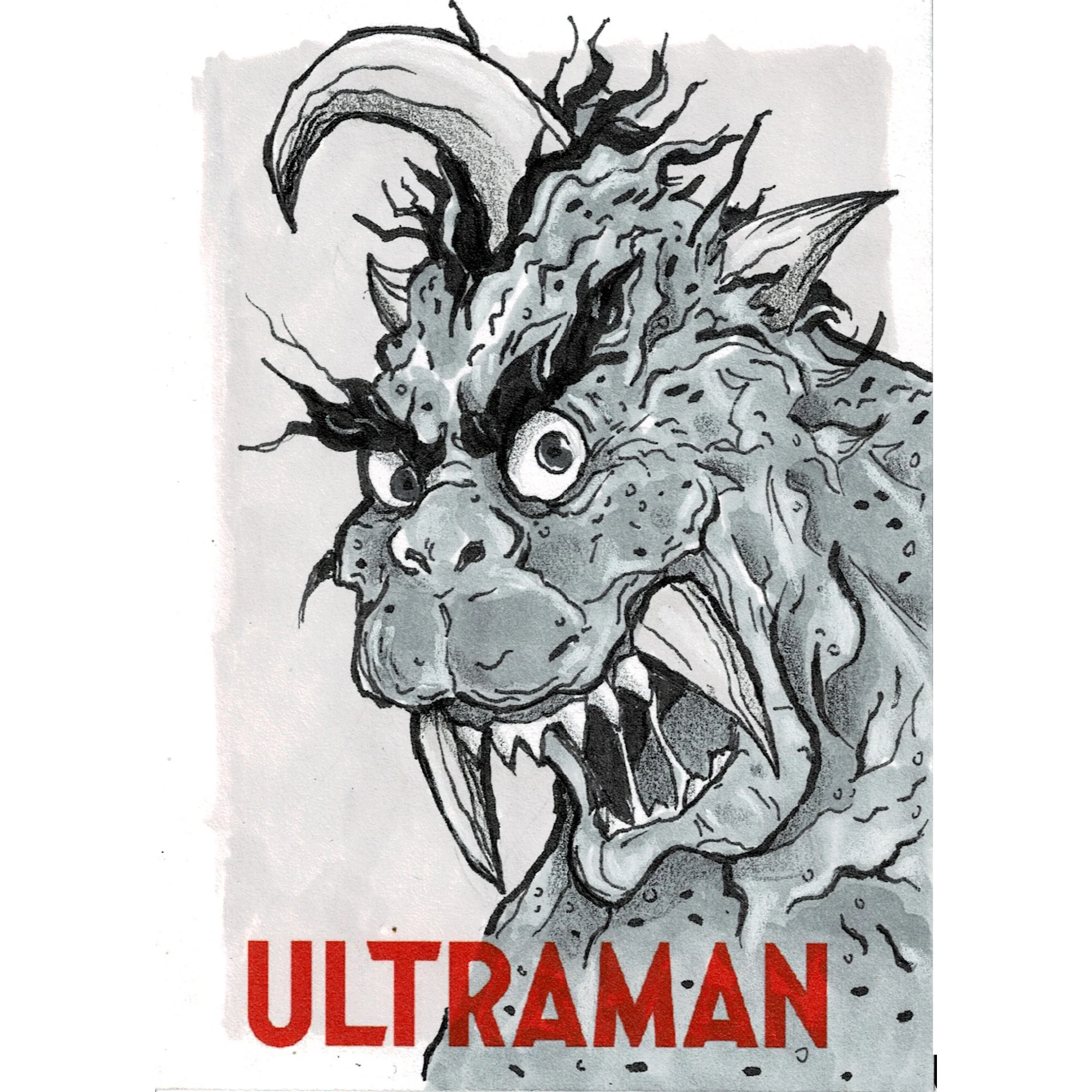 Drawing of a fierce, monstrous creature with horns and sharp teeth, labeled 'ULTRAMAN' in red at the bottom.