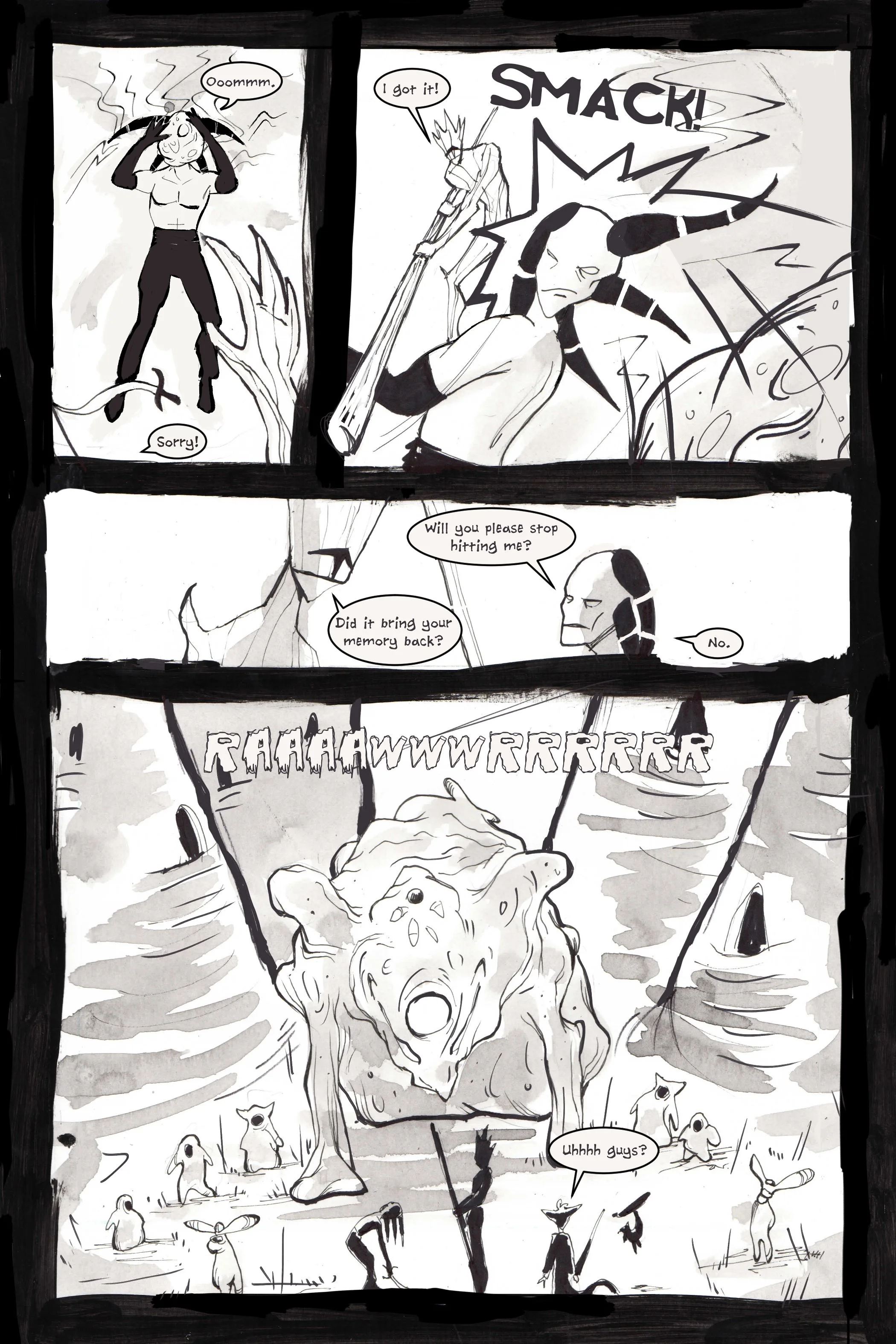 A black and white comic depicting a chaotic scene with a character holding their head in distress while another person hits them with a stick, saying "I got it!" and "Will you please stop hitting me?" Their conversation revolves around memory. Meanwh