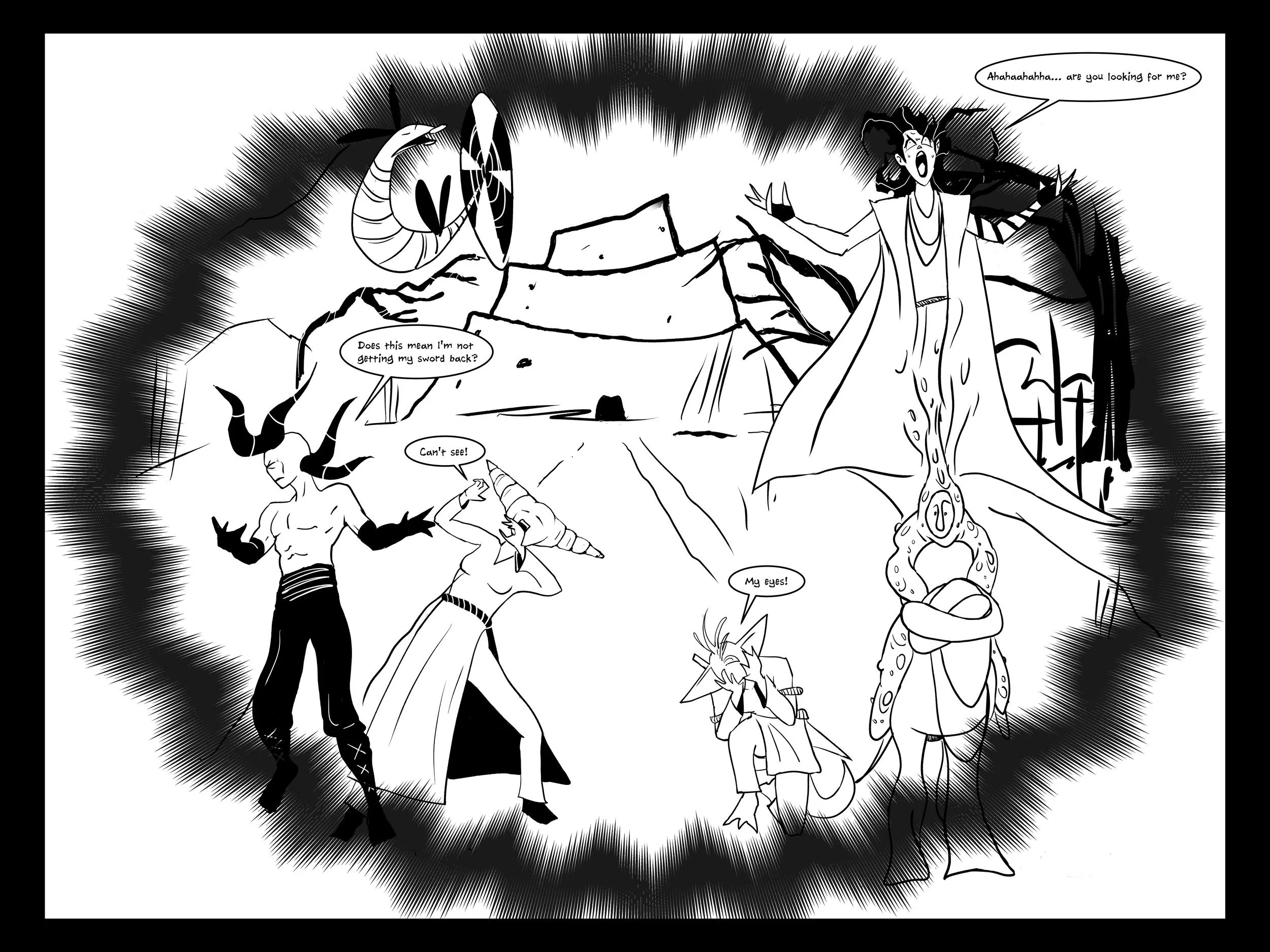 Black and white cartoon scene of fantasy characters on a rocky landscape, with a woman on a tentacle monster speaking, a horned humanoid figure, a small elf with ears covering eyes, and a bug-eyed creature, with speech bubbles indicating conversation